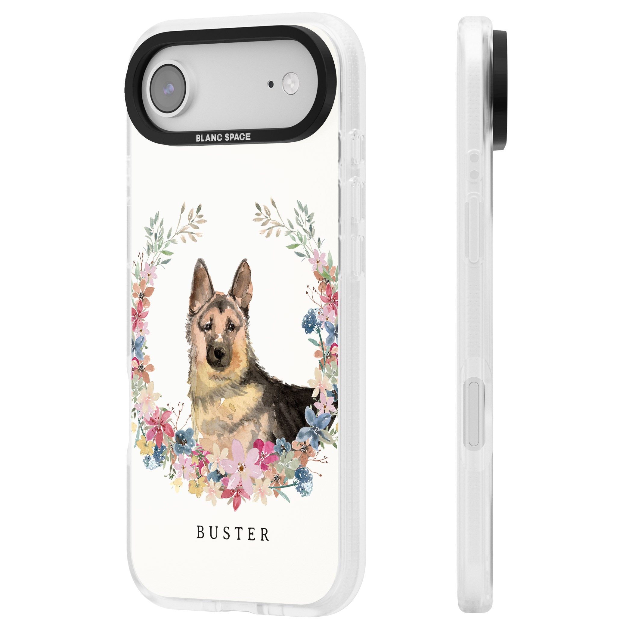 Personalised German Shepherd Floral Portrait iPhone 17 Air Impact Air Clear Phone Case Side Profile