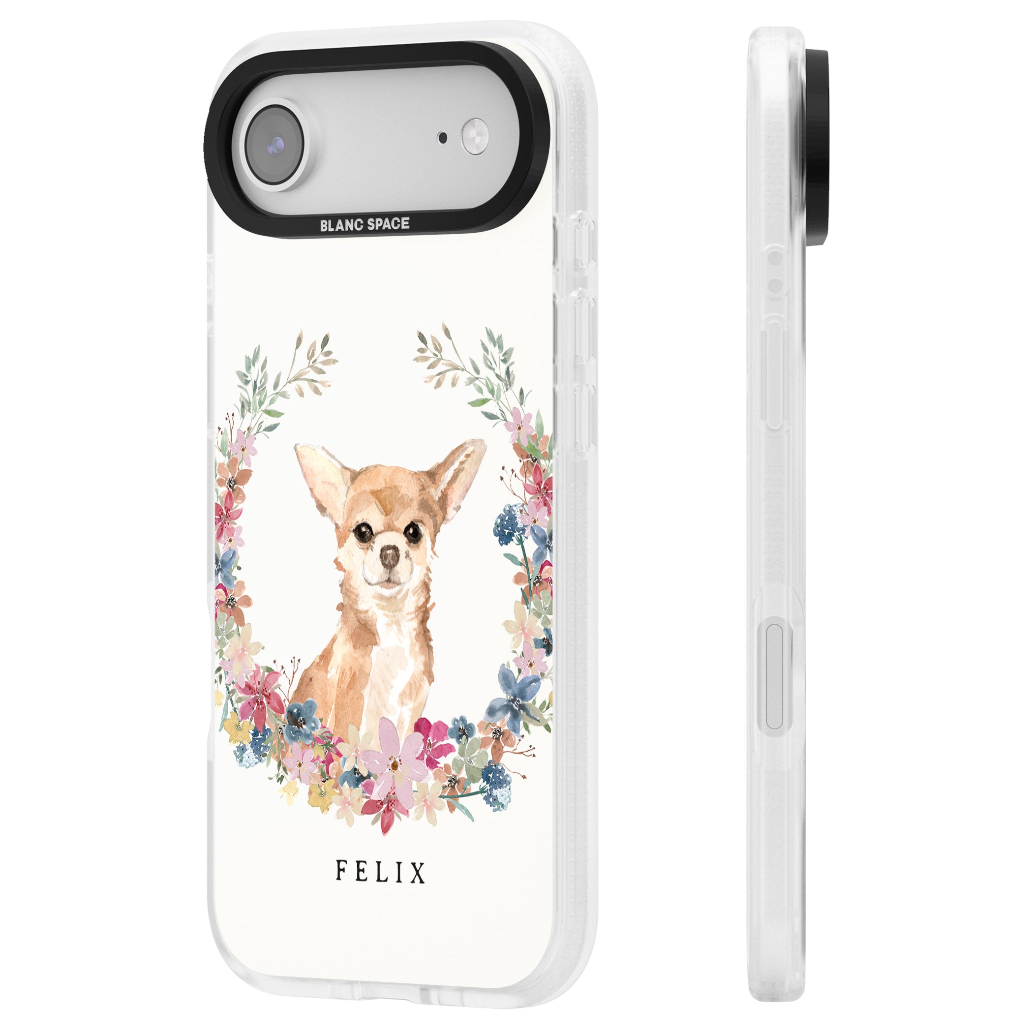 Personalised Chihuahua Floral Portrait iPhone 17 Air Impact Air Clear Phone Case Side Profile