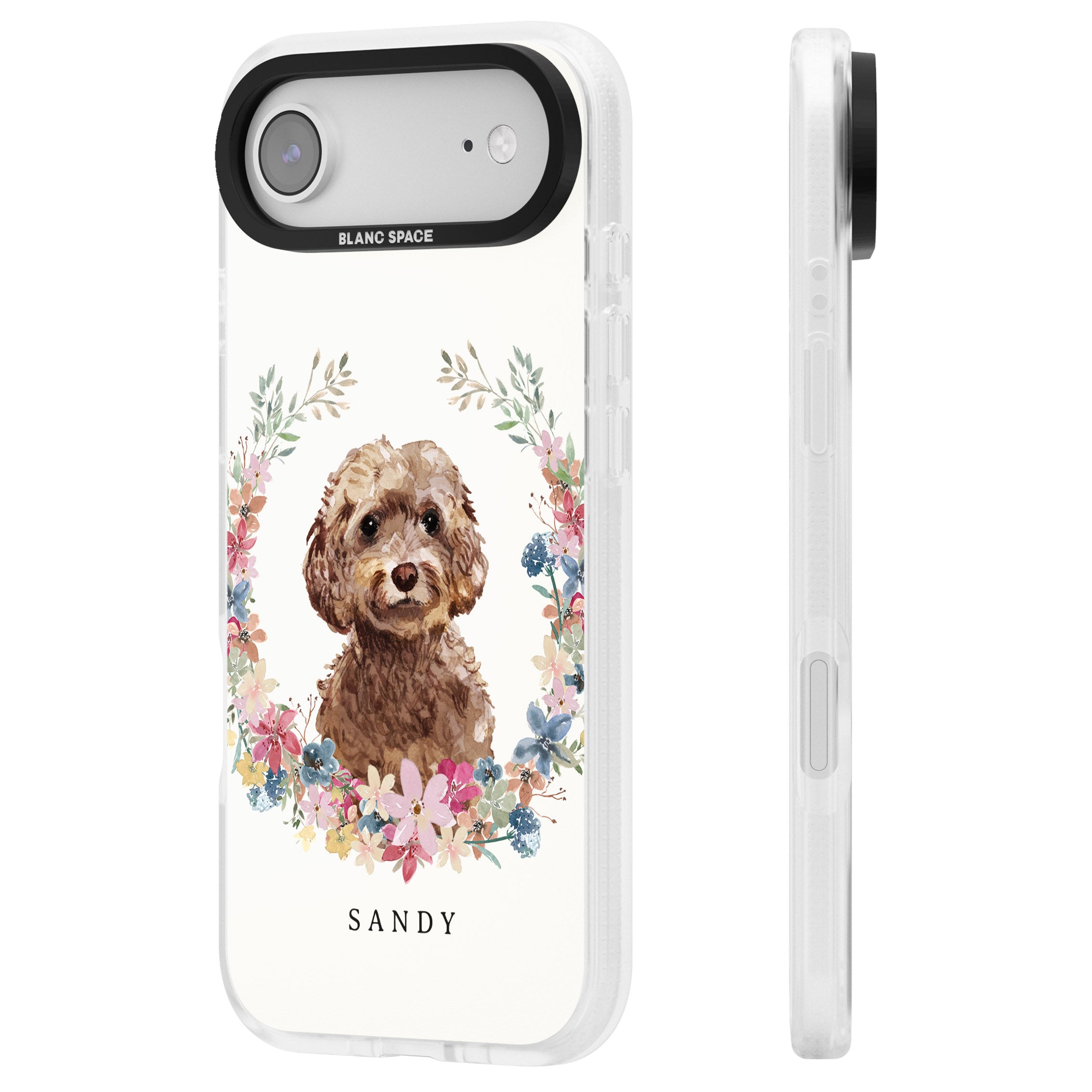 Personalised Brown Cockapoo Floral Portrait iPhone 17 Air Impact Air Clear Phone Case Side Profile