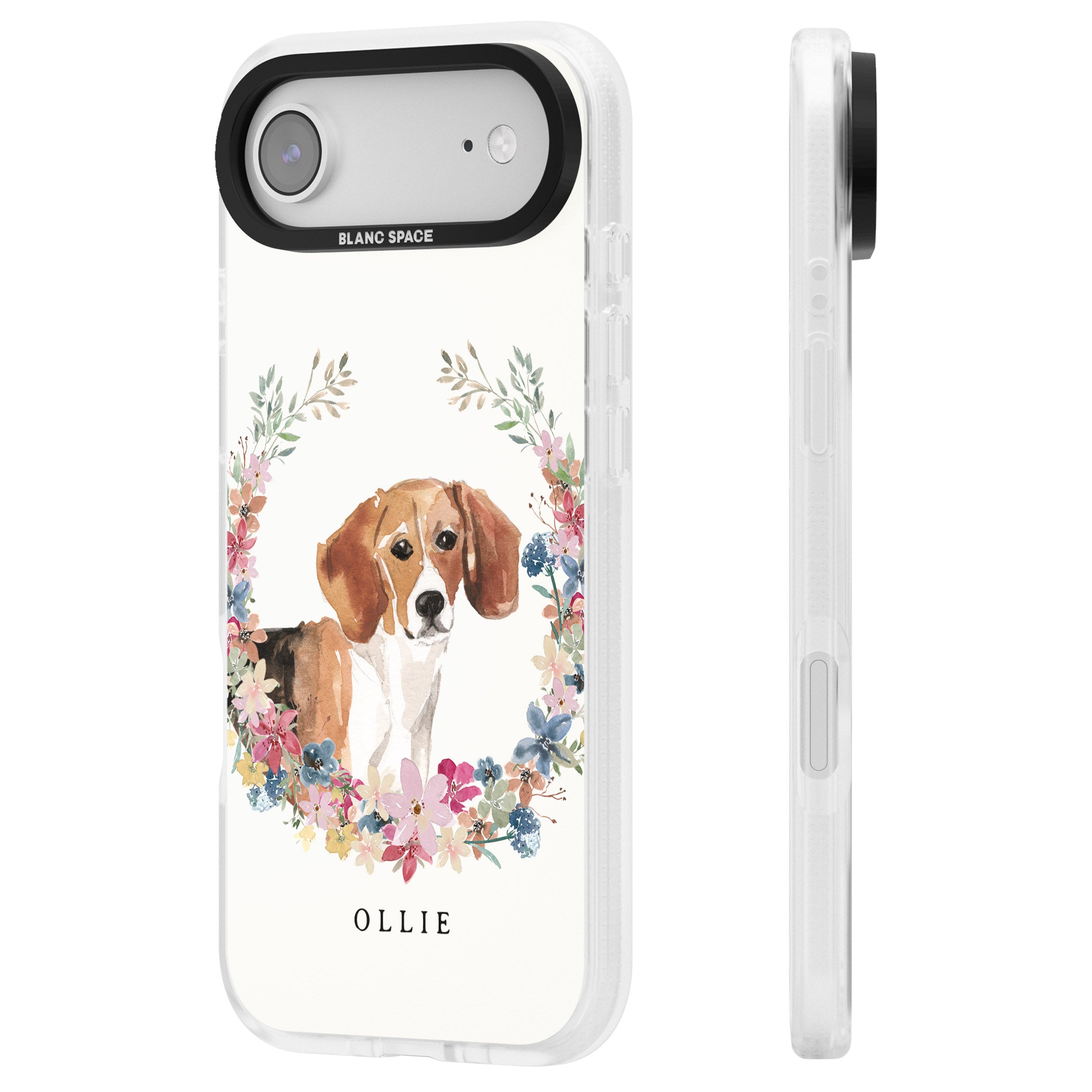 Personalised Beagle Floral Portrait iPhone 17 Air Impact Air Clear Phone Case Side Profile