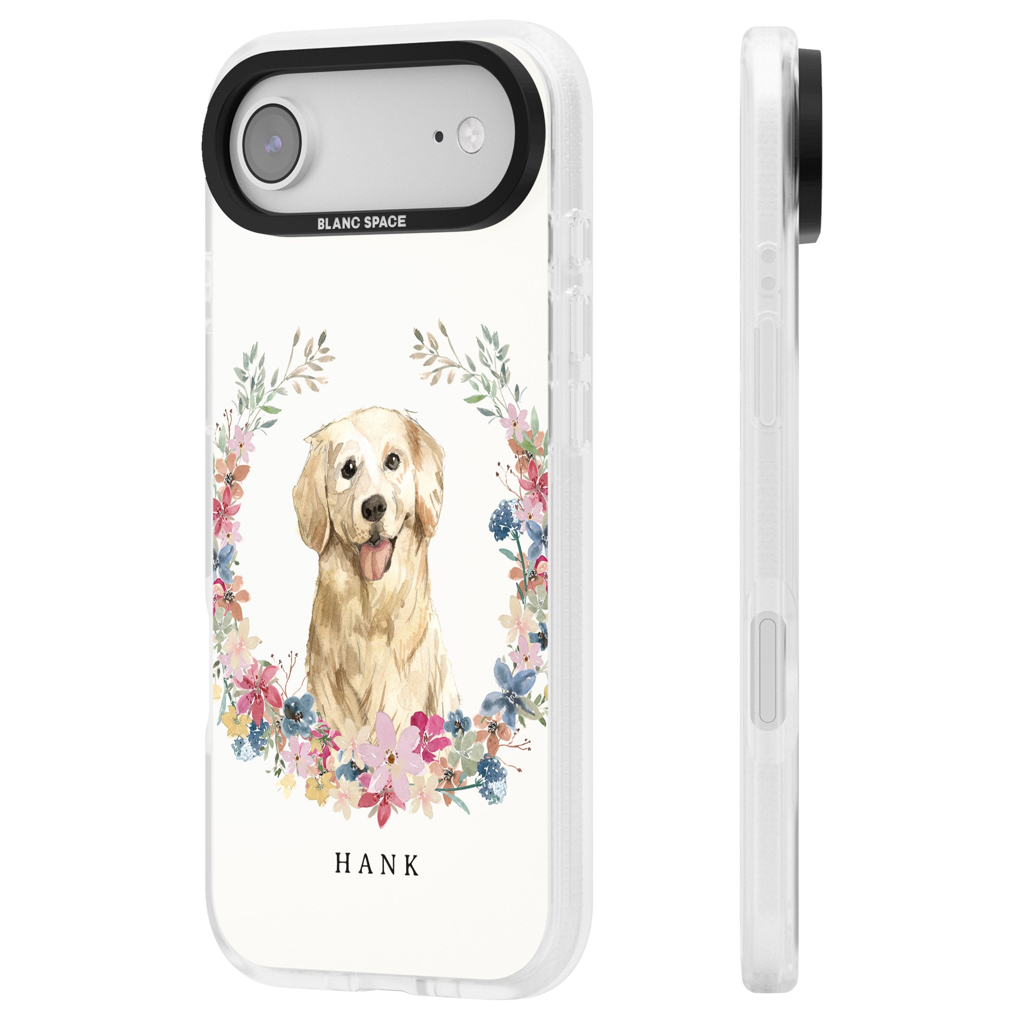 Personalised Golden Retriever Floral Portrait iPhone 17 Air Impact Air Clear Phone Case Side Profile