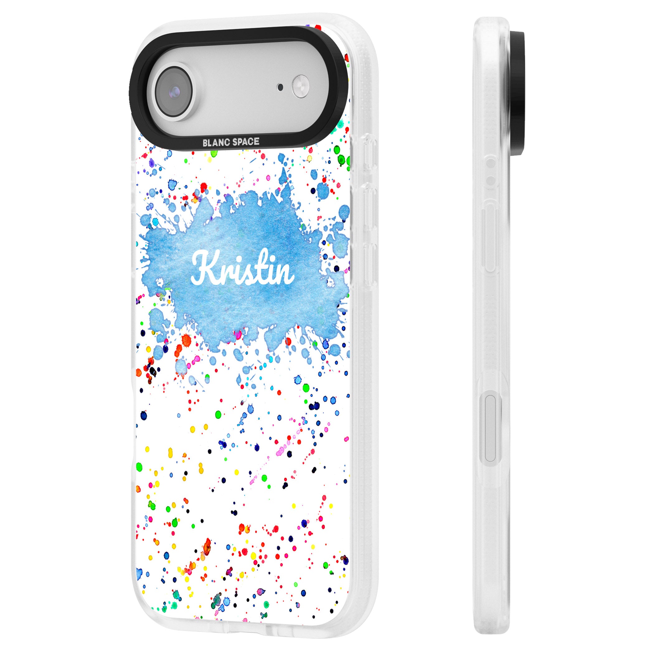 Personalised Rainbow Splatter Name iPhone 17 Air Impact Air Clear Phone Case Side Profile