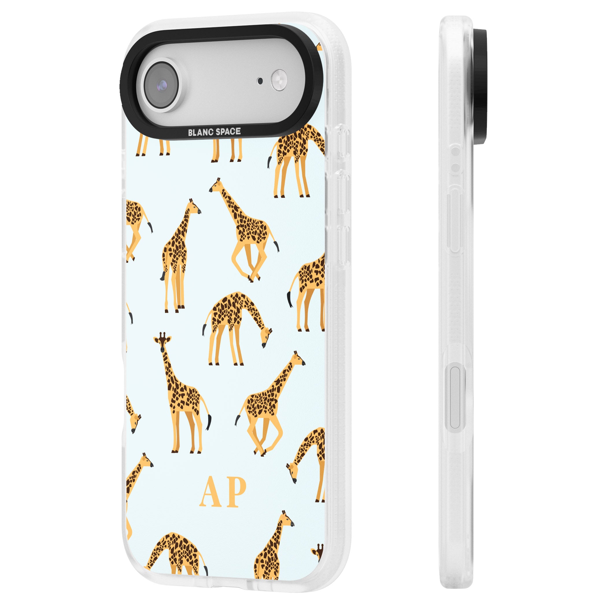 Personalised Safari Giraffe Pattern On Blue iPhone 17 Air Impact Air Clear Phone Case Side Profile