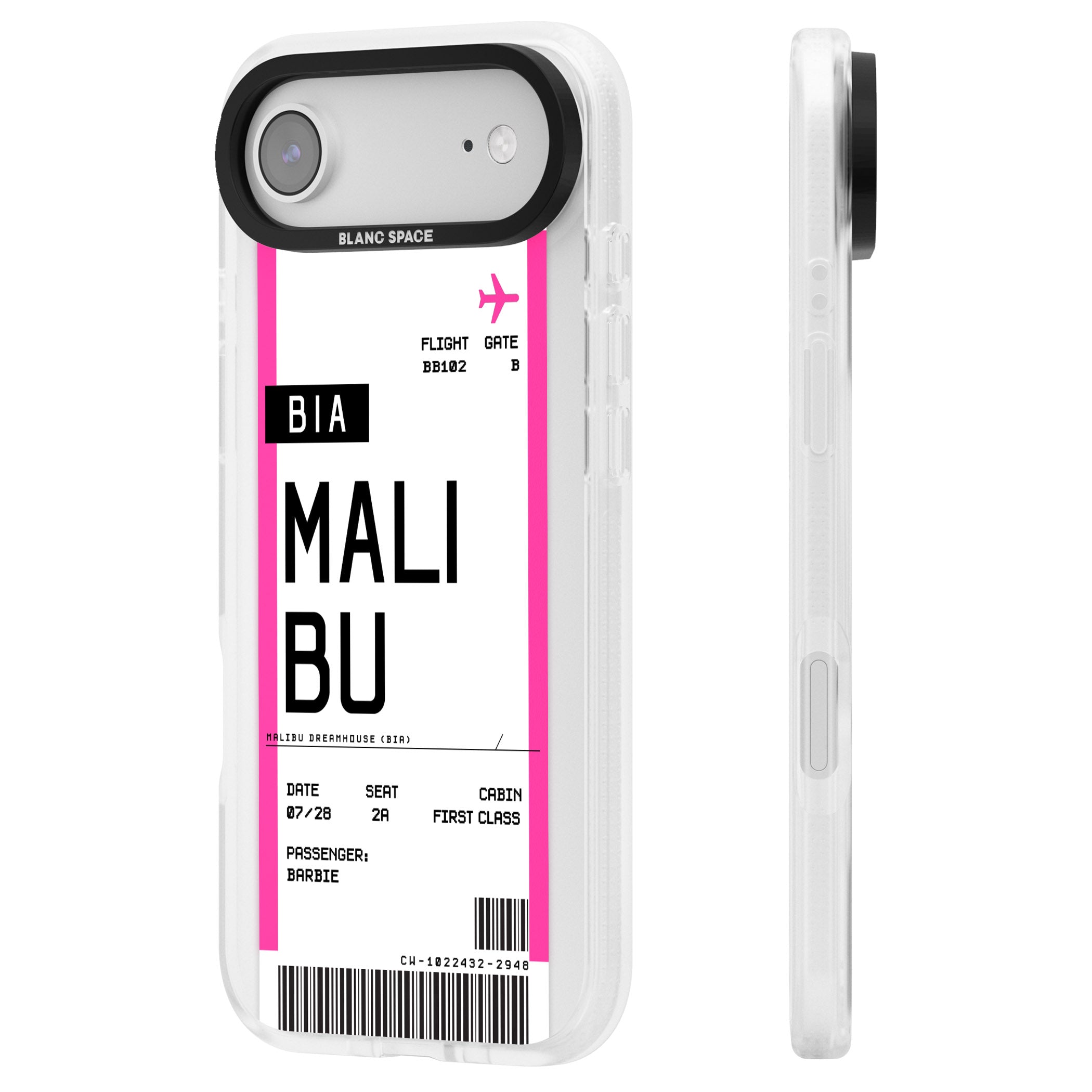 Personalised Pink Malibu Boarding Pass iPhone 17 Air Impact Air Clear Phone Case Side Profile