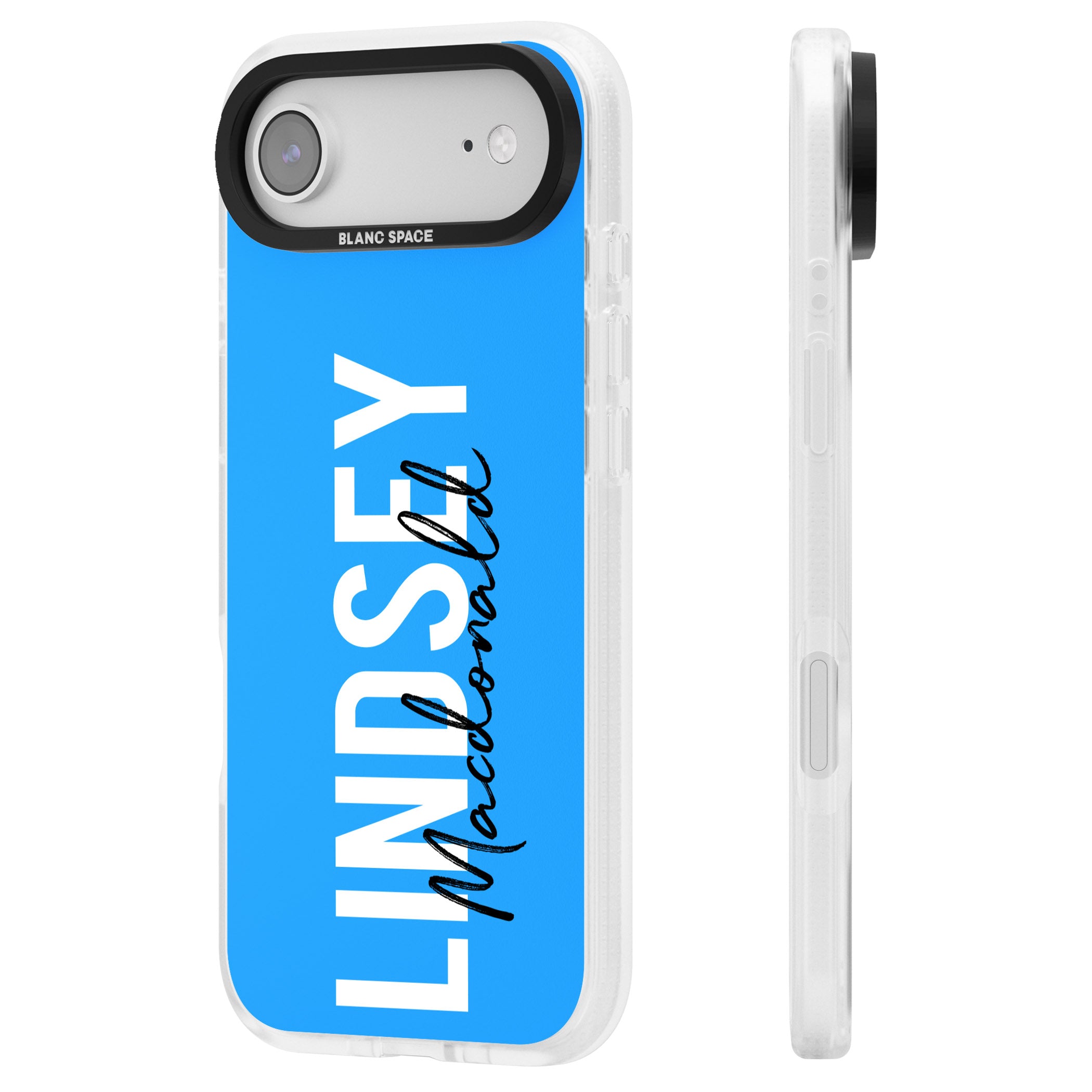 Personalised Bold Name: Blue iPhone 17 Air Impact Air Clear Phone Case Side Profile