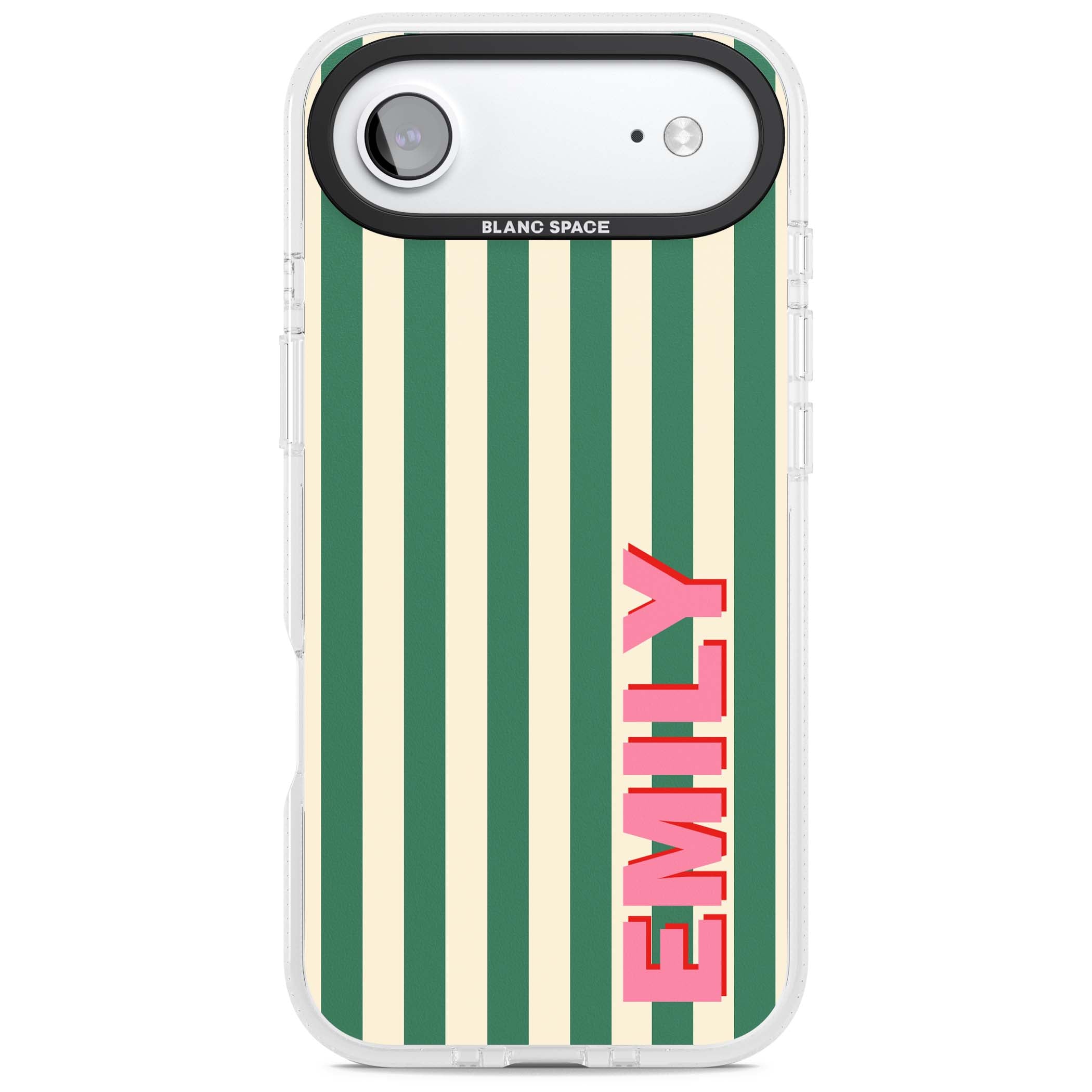 Wimbledon Stripe preppy iPhone case featuring green and cream vertical stripes with a personalised pink name | Clear Case Impact Air case for iPhone Air