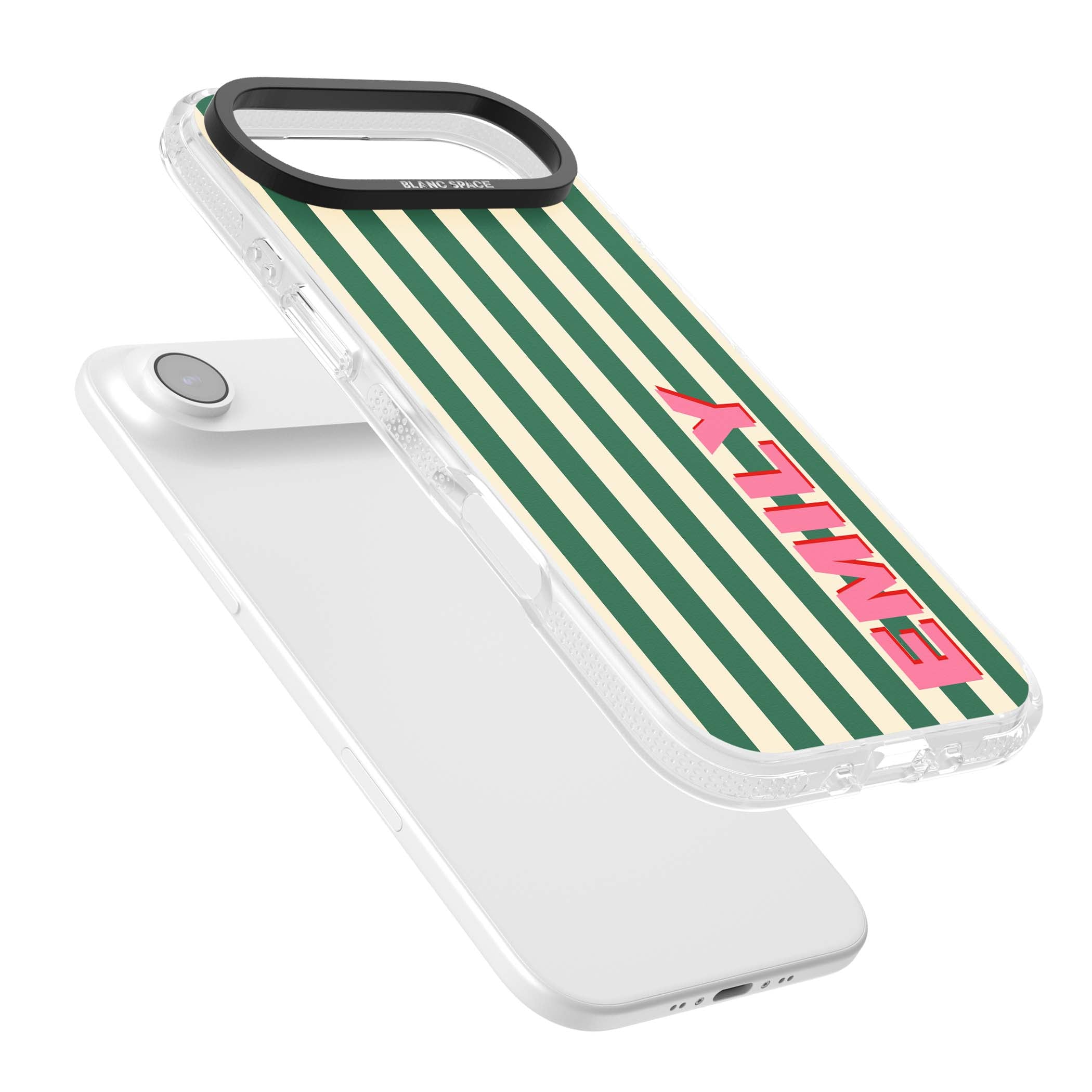 Wimbledon Stripe preppy iPhone case featuring green and cream vertical stripes with a personalised pink name | Clear Case Impact Air case for iPhone Air