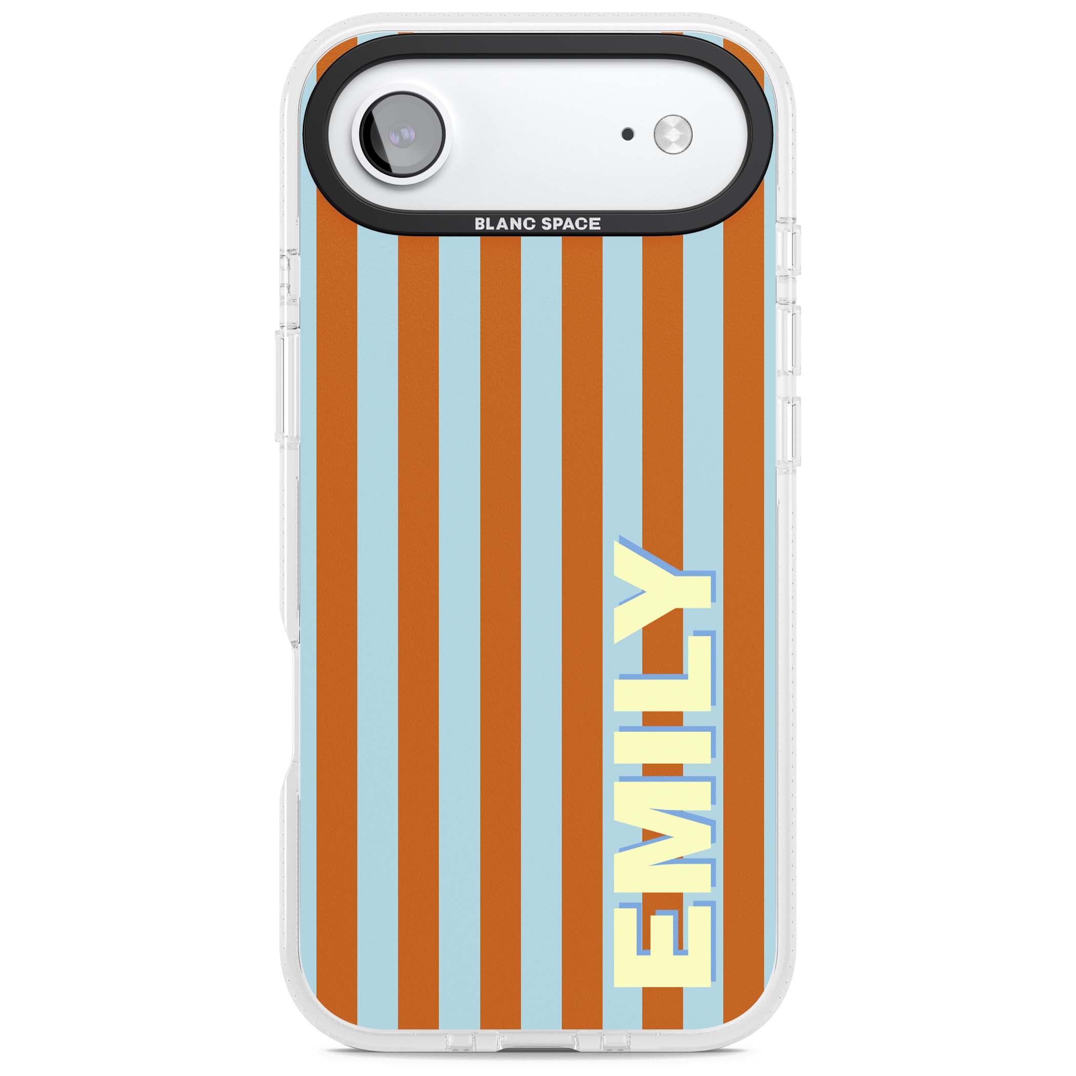Cappadocia Stripe personalised coastal iPhone case featuring blue and orange vertical stripes with custom cream name | Clear Case Impact Air case for iPhone Air
