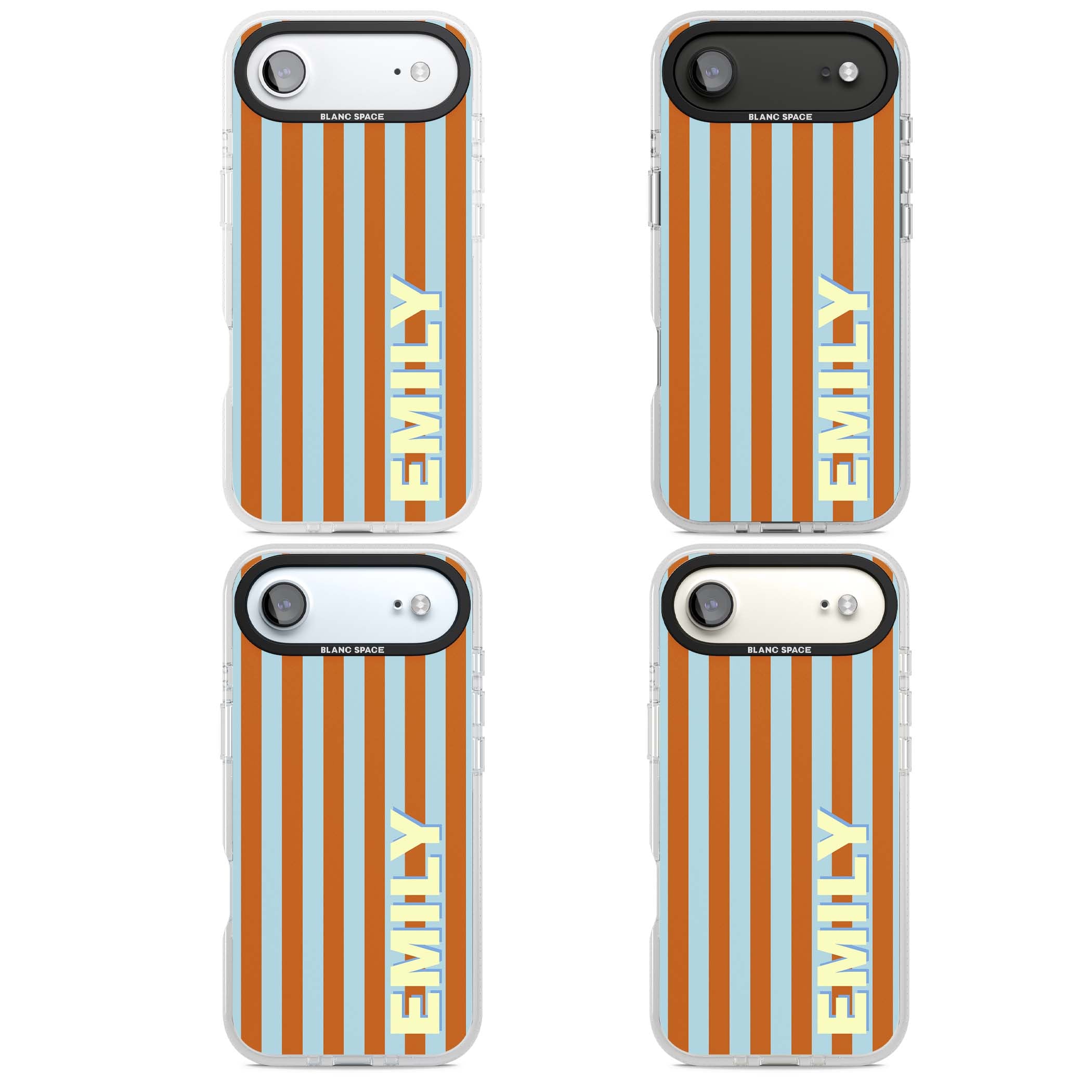 Cappadocia Stripe personalised coastal iPhone case featuring blue and orange vertical stripes with custom cream name | Clear Case Impact Air case for iPhone Air