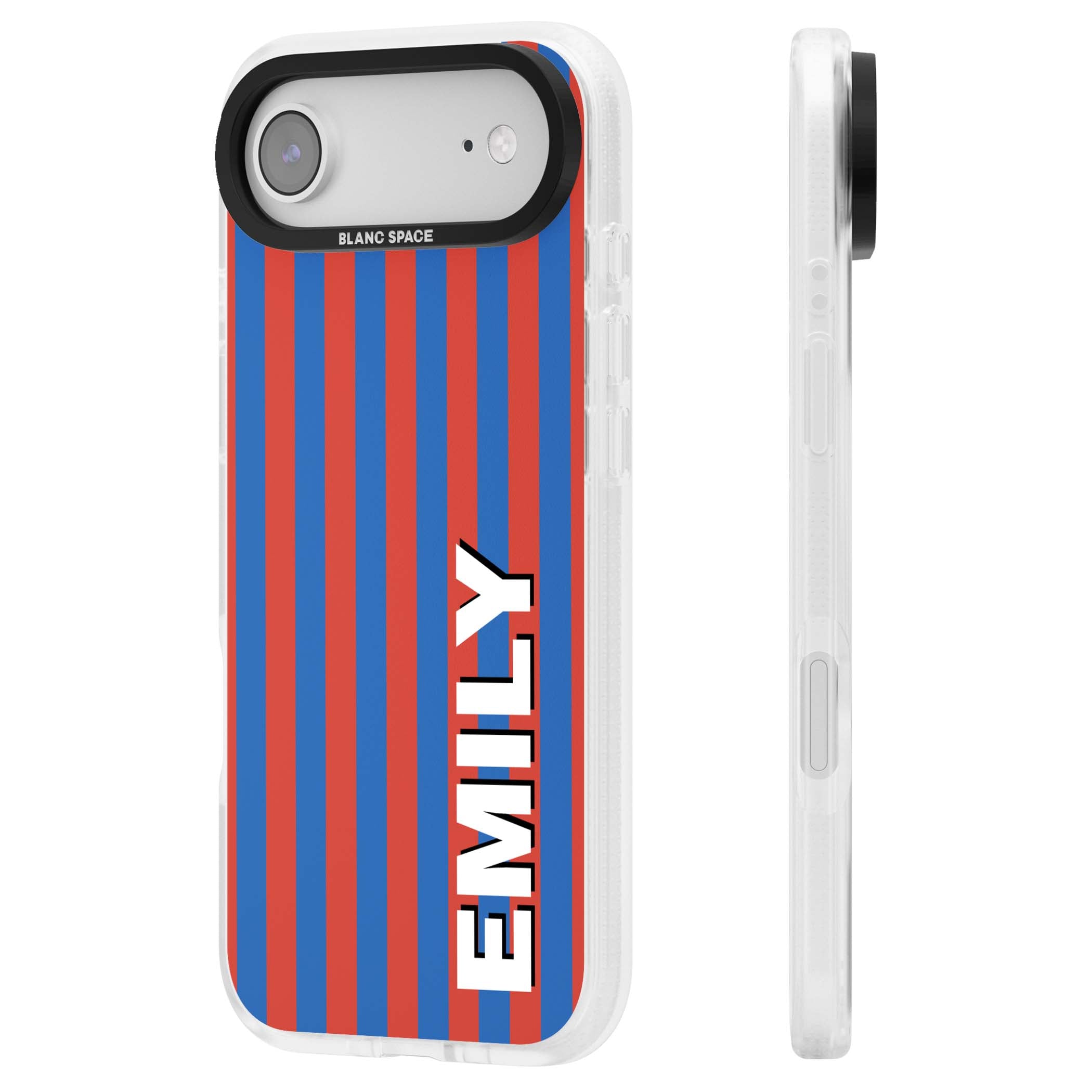 Cuban Stripe personalised iPhone case featuring red and blue vertical stripes with custom name in bold white letters | Clear Case Impact Air case for iPhone Air
