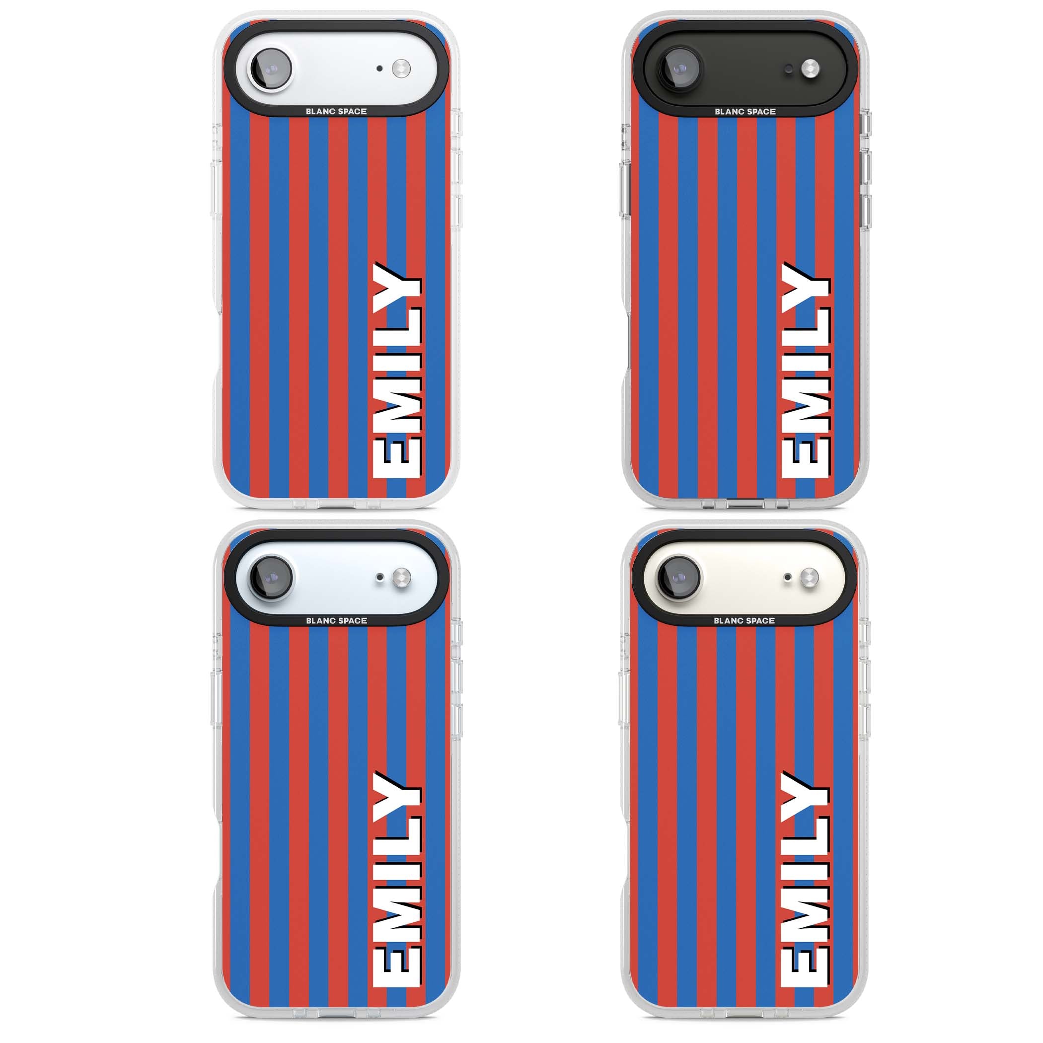 Cuban Stripe personalised iPhone case featuring red and blue vertical stripes with custom name in bold white letters | Clear Case Impact Air case for iPhone Air