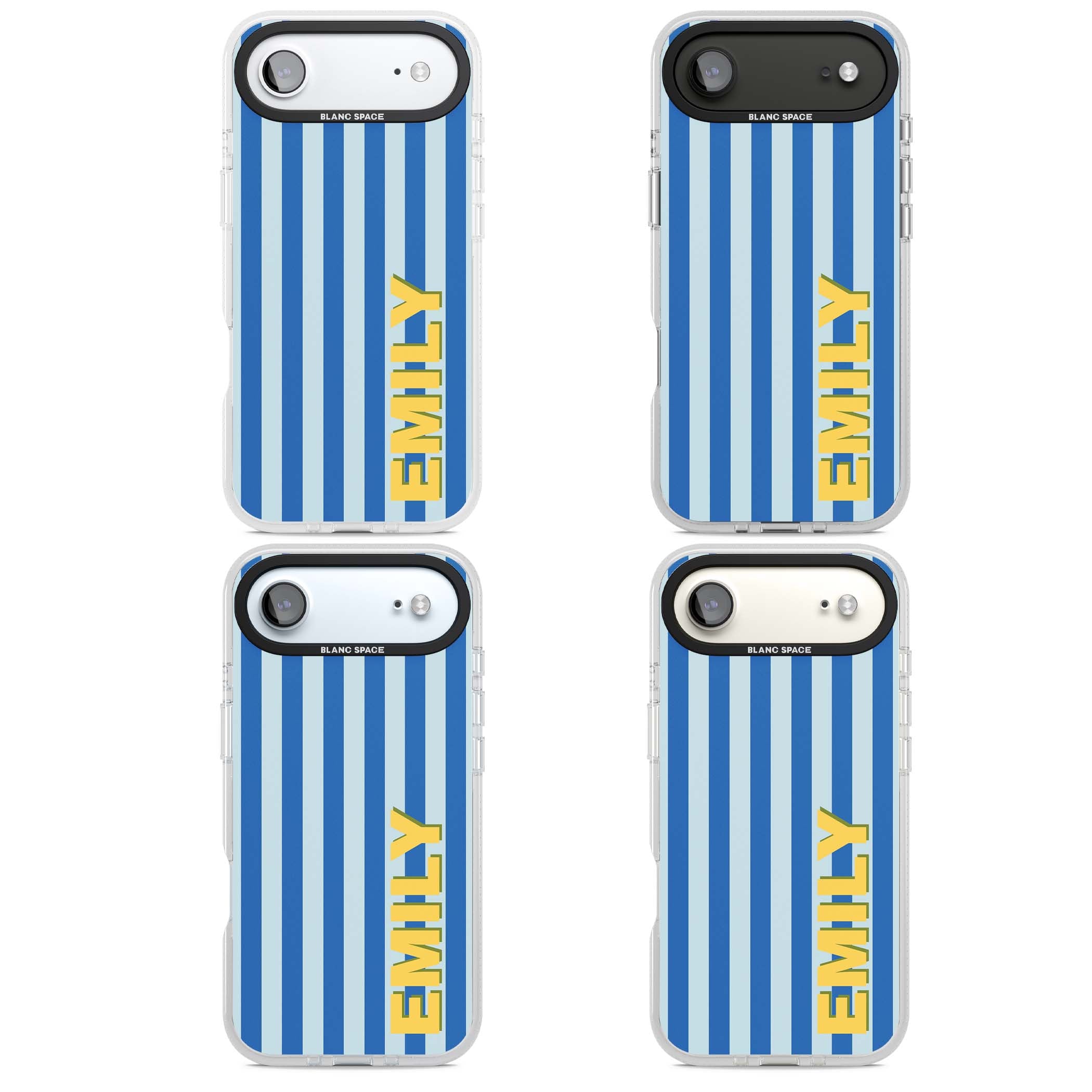 Athenian Stripe personalised preppy iPhone case featuring blue vertical stripes and a custom yellow name | Clear Case Impact Air case for iPhone Air