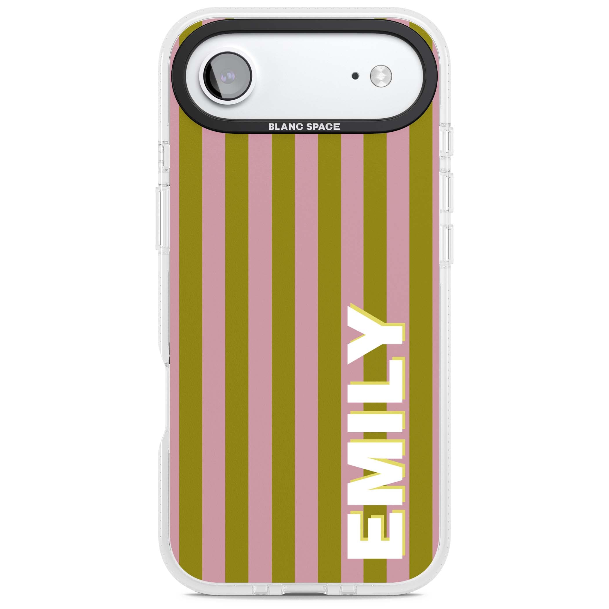 Istanbul Stripe personalised iPhone case featuring pink and olive green vertical stripes with a custom vertical name | Clear Case Impact Air case for iPhone Air