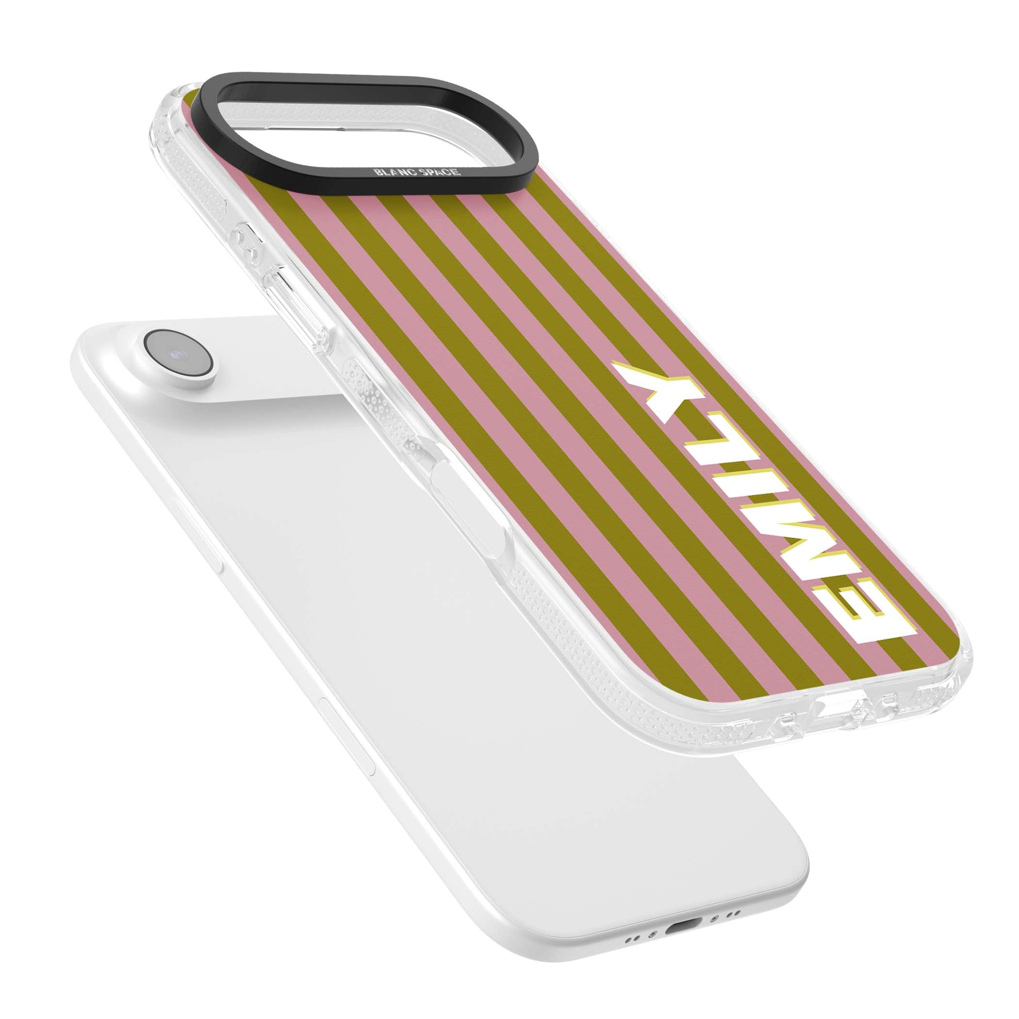 Istanbul Stripe personalised iPhone case featuring pink and olive green vertical stripes with a custom vertical name | Clear Case Impact Air case for iPhone Air