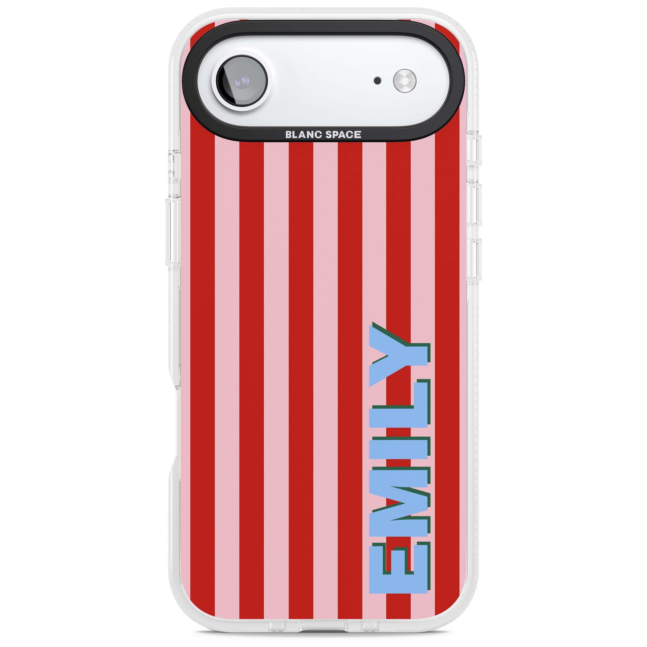 Market Stripe personalised iPhone case with red and pink vertical stripes and custom blue name | Clear Case Impact Air case for iPhone Air