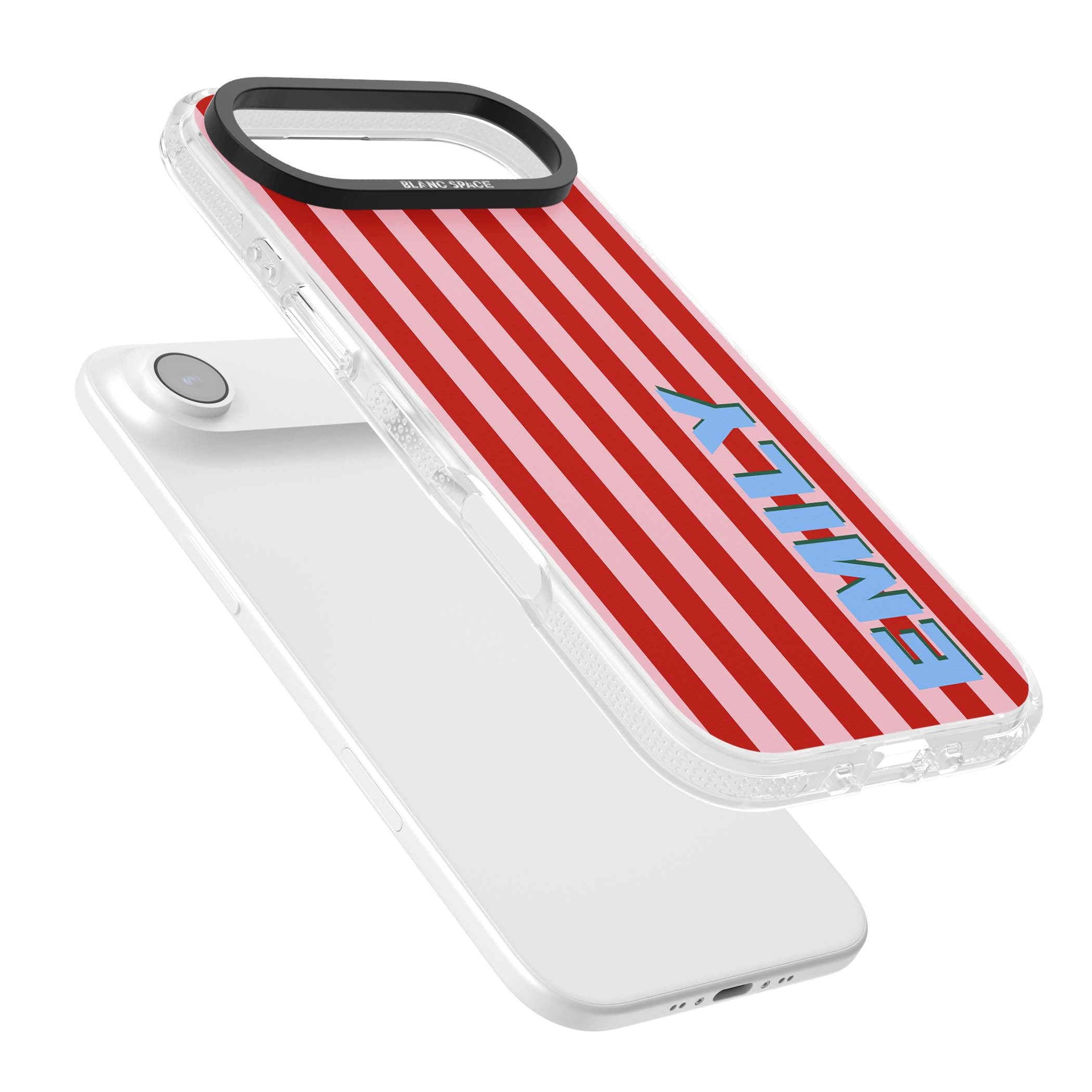 Market Stripe personalised iPhone case with red and pink vertical stripes and custom blue name | Clear Case Impact Air case for iPhone Air