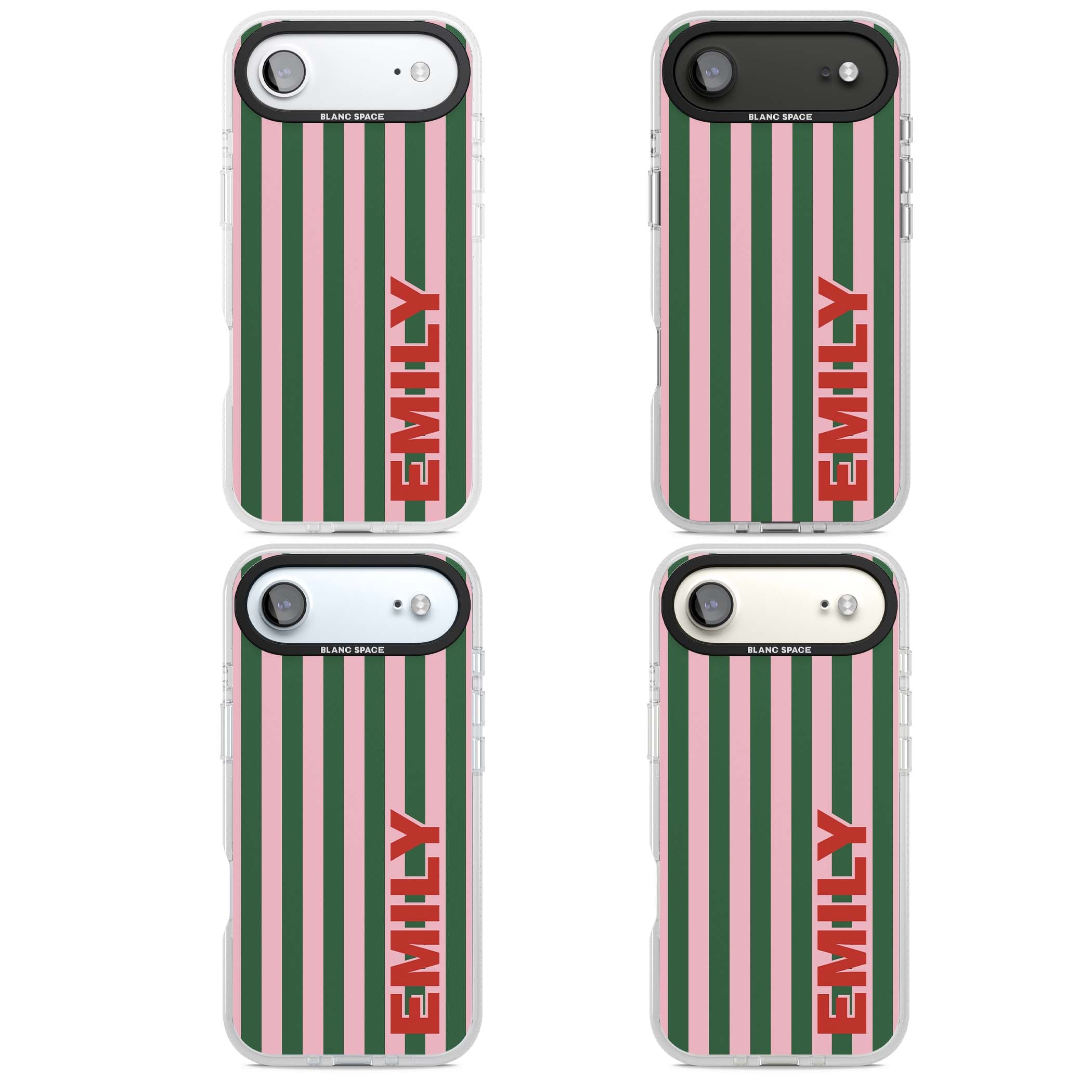 Italian Stripe preppy iPhone case featuring pink and green vertical stripes with personalised red name | Clear Case Impact Air case for iPhone Air
