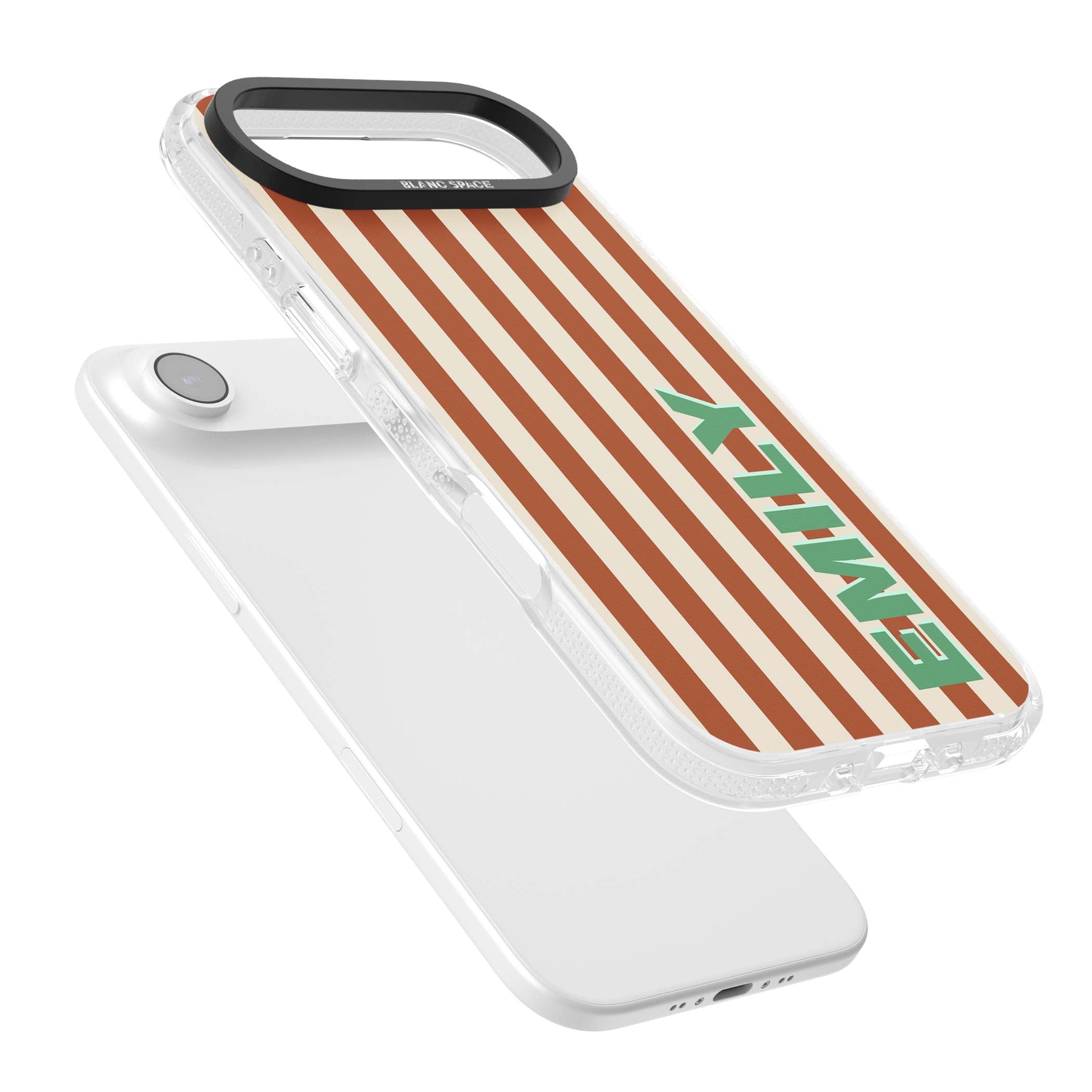 Dune Stripe personalised iPhone case with rust and cream vertical stripes and custom name in mint green | Clear Case Impact Air case for iPhone Air