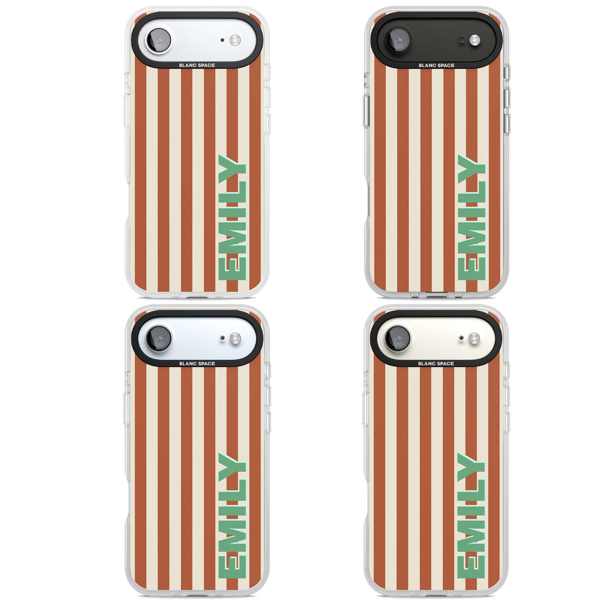 Dune Stripe personalised iPhone case with rust and cream vertical stripes and custom name in mint green | Clear Case Impact Air case for iPhone Air