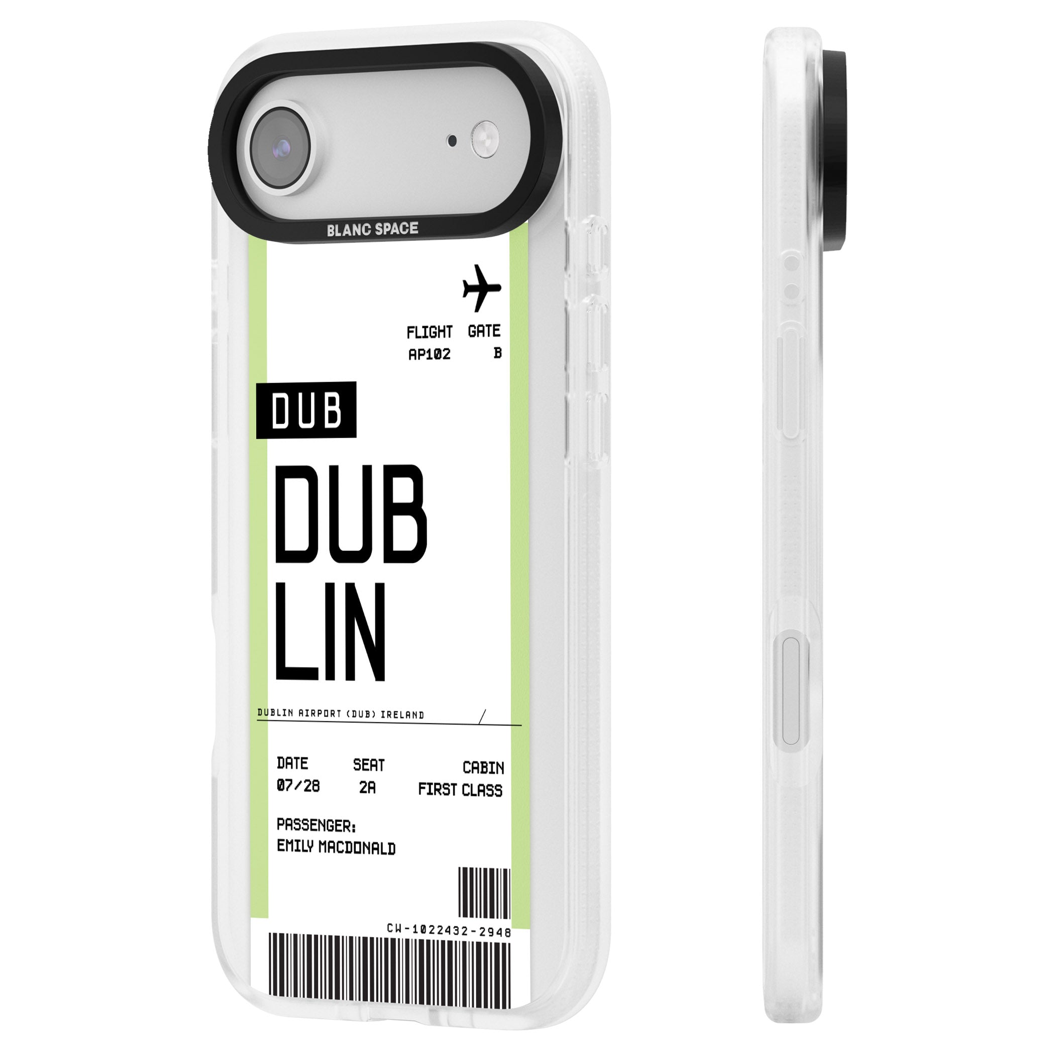 Personalised Dublin Boarding Pass iPhone 17 Air Impact Air Clear Phone Case Side Profile