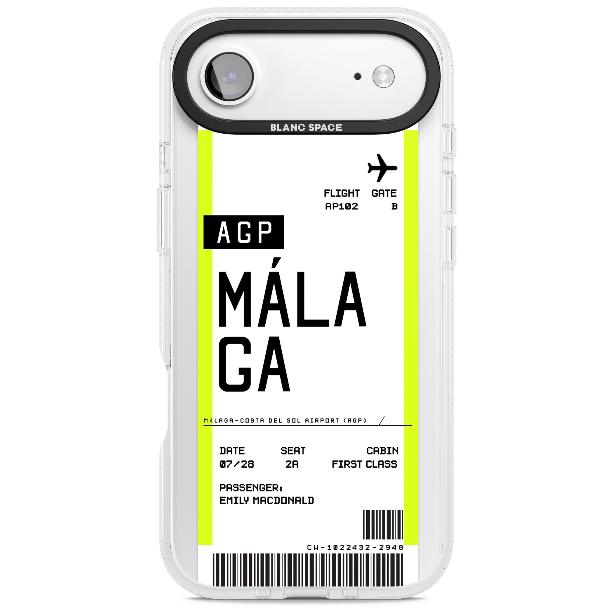 Personalised Málaga Boarding Pass iPhone 17 Air Impact Air Clear Phone Case