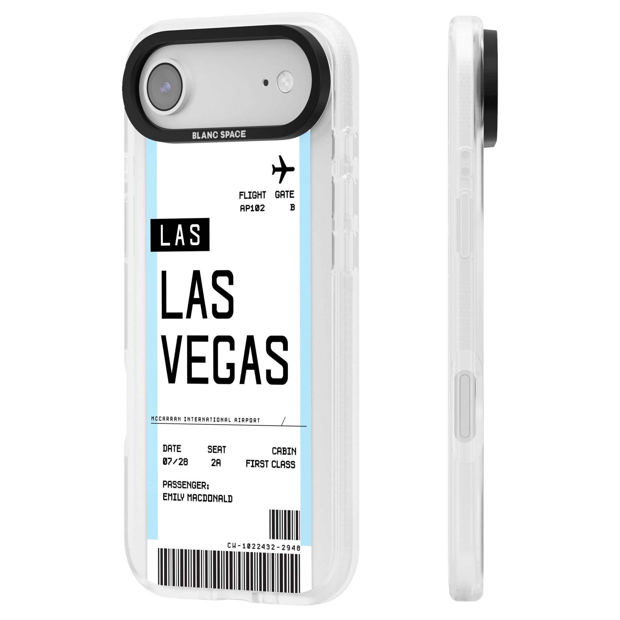 Personalised Las Vegas Boarding Pass iPhone 17 Air Impact Air Clear Phone Case Side Profile