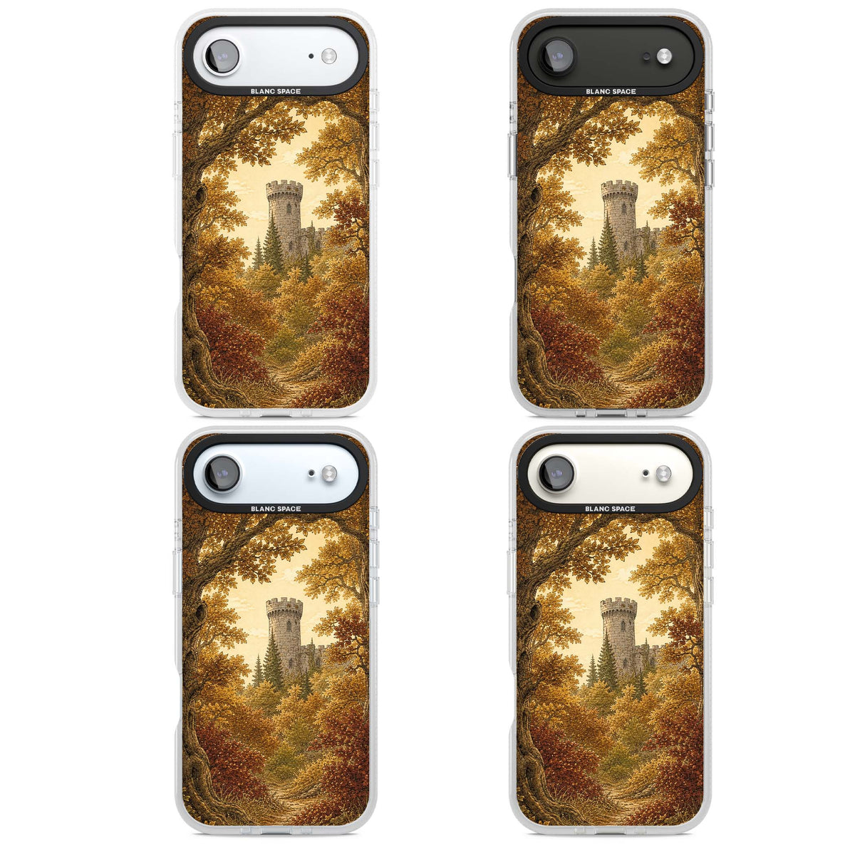 Autumn Keep cottagecore iPhone case featuring a medieval castle tower framed by golden autumn trees and woodland foliage | Clear Case Impact Air case for iPhone Air
