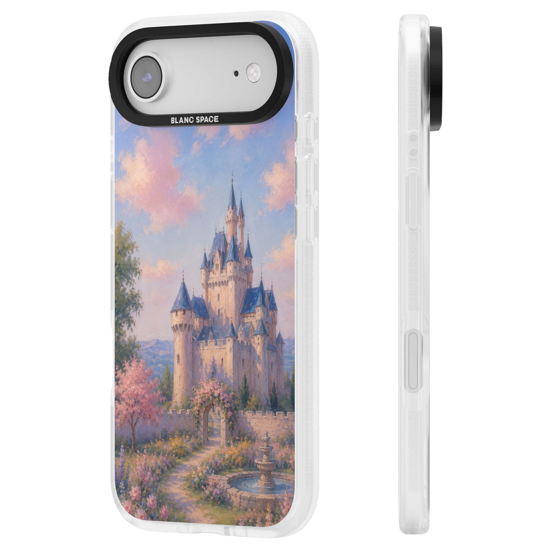 Enchanted Kingdom fairytale iPhone case featuring a romantic castle painting with cherry blossoms and pastel pink sky | Clear Case Impact Air case for iPhone Air