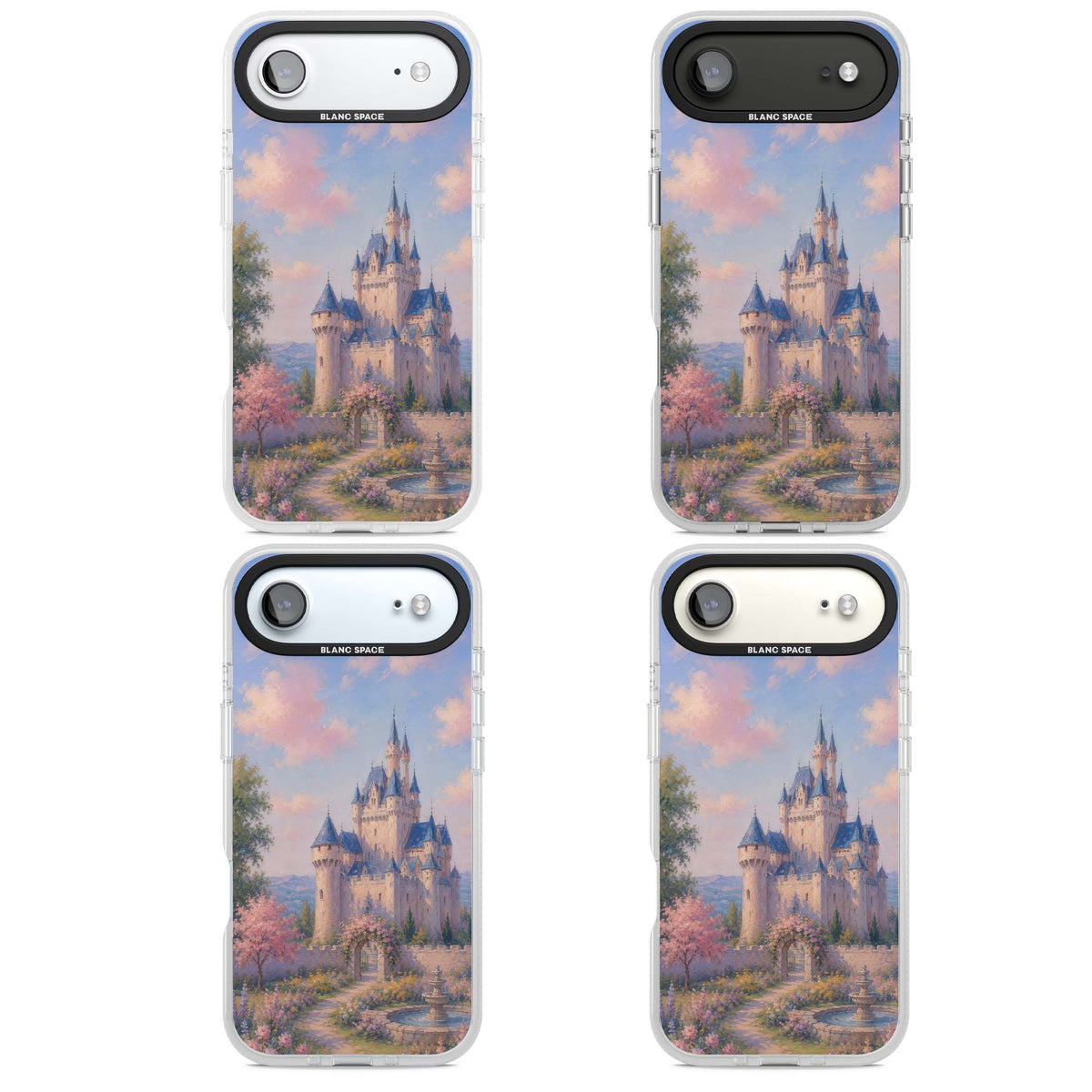 Enchanted Kingdom fairytale iPhone case featuring a romantic castle painting with cherry blossoms and pastel pink sky | Clear Case Impact Air case for iPhone Air