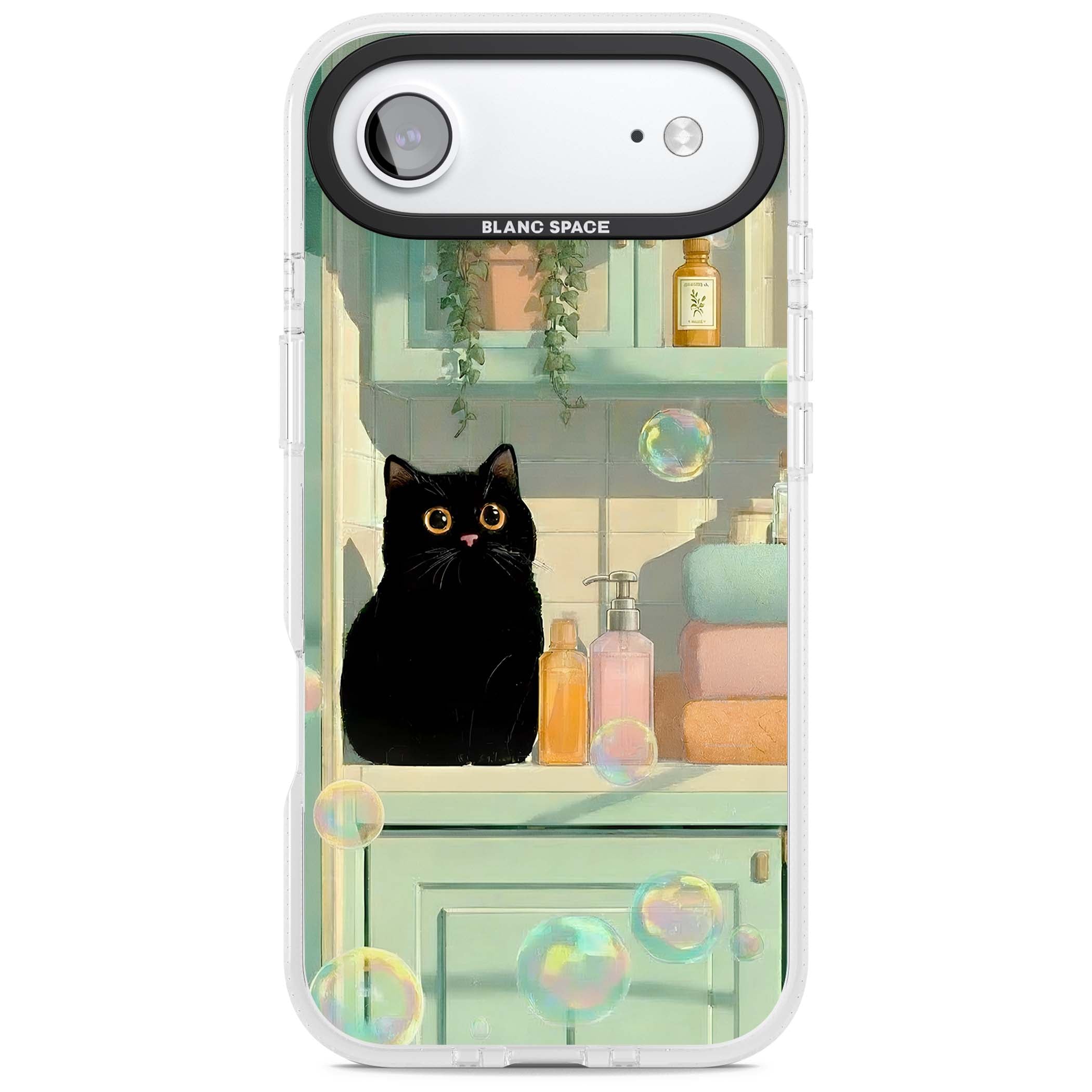 Bathroom Bubble Kitty cottagecore iPhone case featuring a black cat, mint bathroom scene and floating soap bubbles | Clear Case Impact Air case for iPhone Air