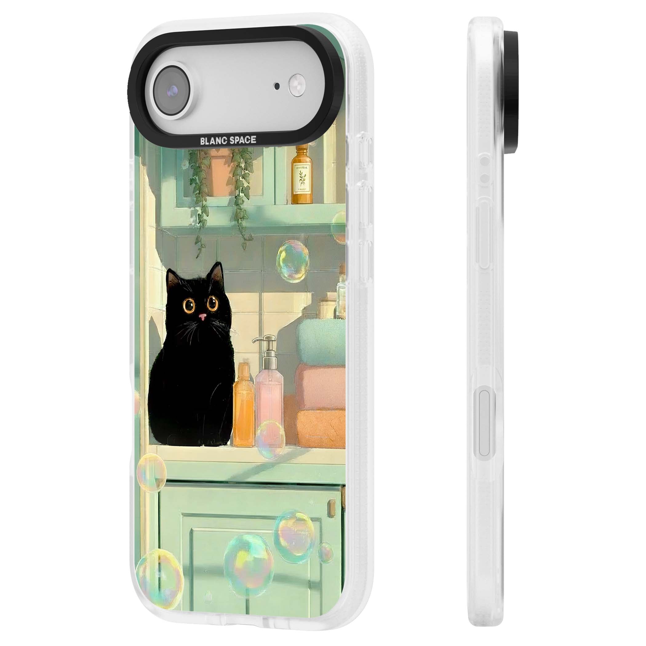 Bathroom Bubble Kitty cottagecore iPhone case featuring a black cat, mint bathroom scene and floating soap bubbles | Clear Case Impact Air case for iPhone Air