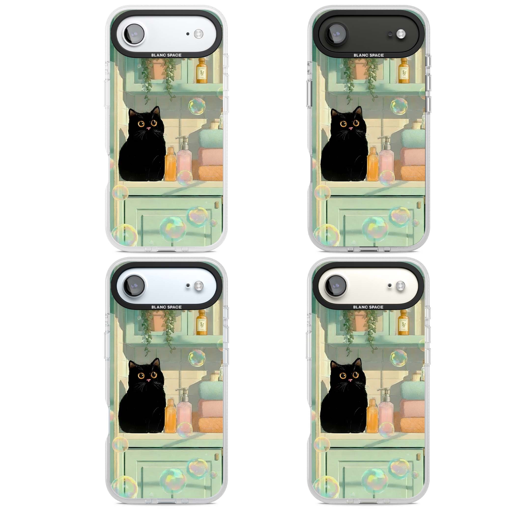 Bathroom Bubble Kitty cottagecore iPhone case featuring a black cat, mint bathroom scene and floating soap bubbles | Clear Case Impact Air case for iPhone Air