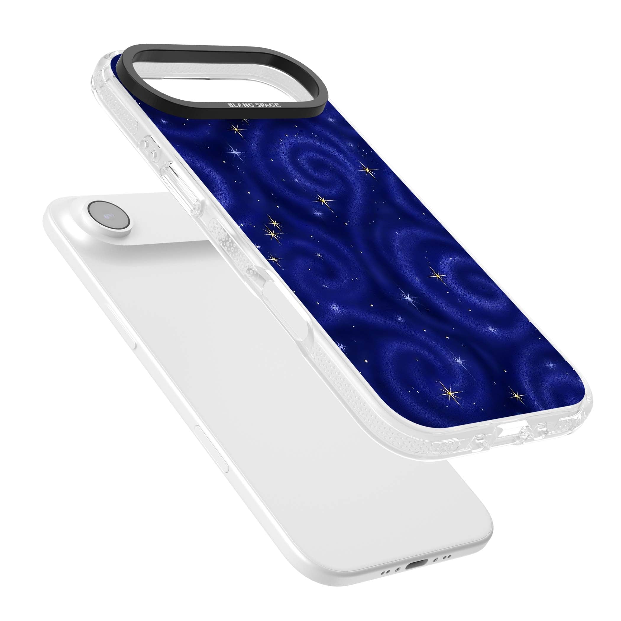 Indigo Cosmos celestial iPhone case featuring swirling navy night sky and sparkling golden stars | Clear Case Impact Air case for iPhone Air