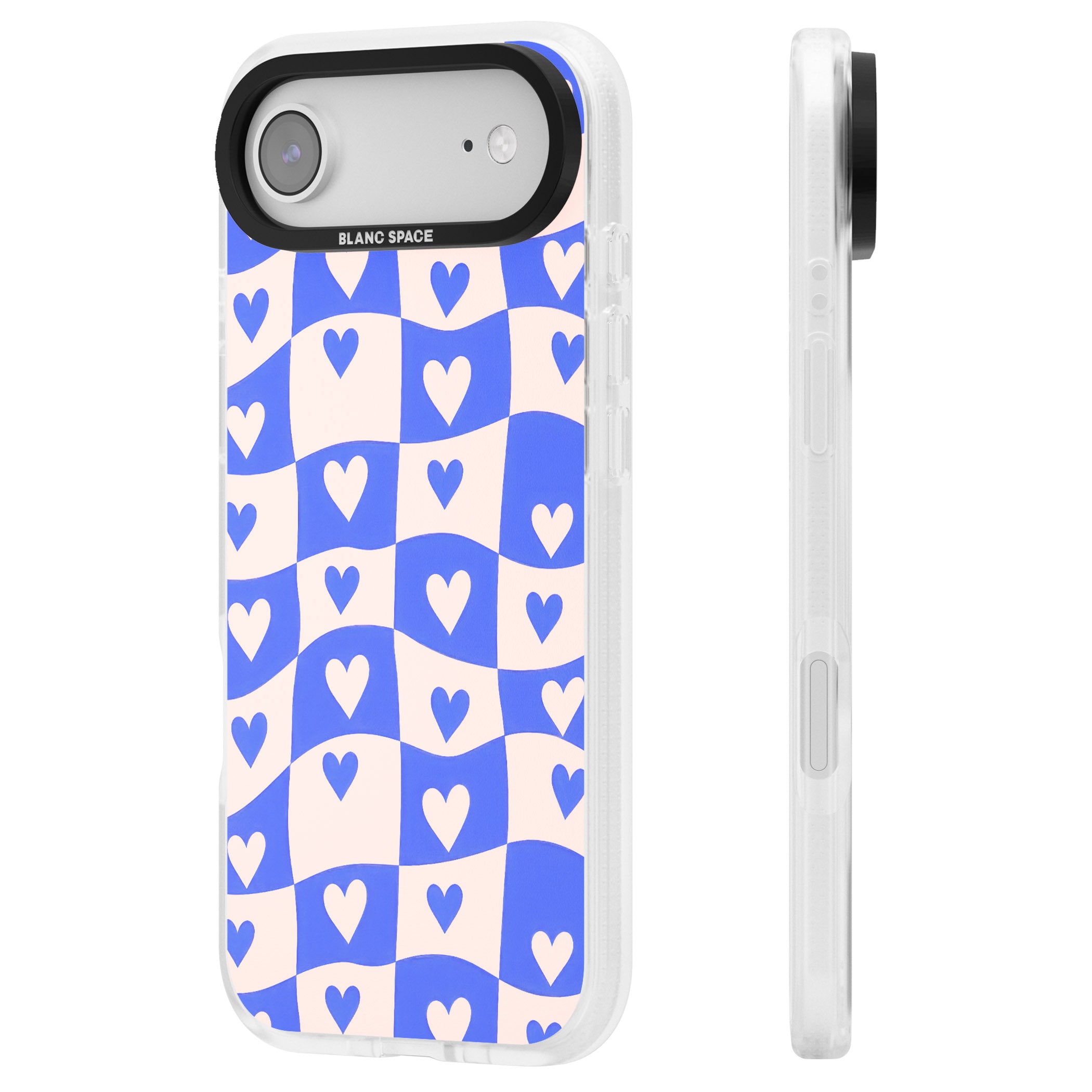 Blue Wavy Checked Hearts iPhone 17 Air Impact Air Clear Phone Case Side Profile