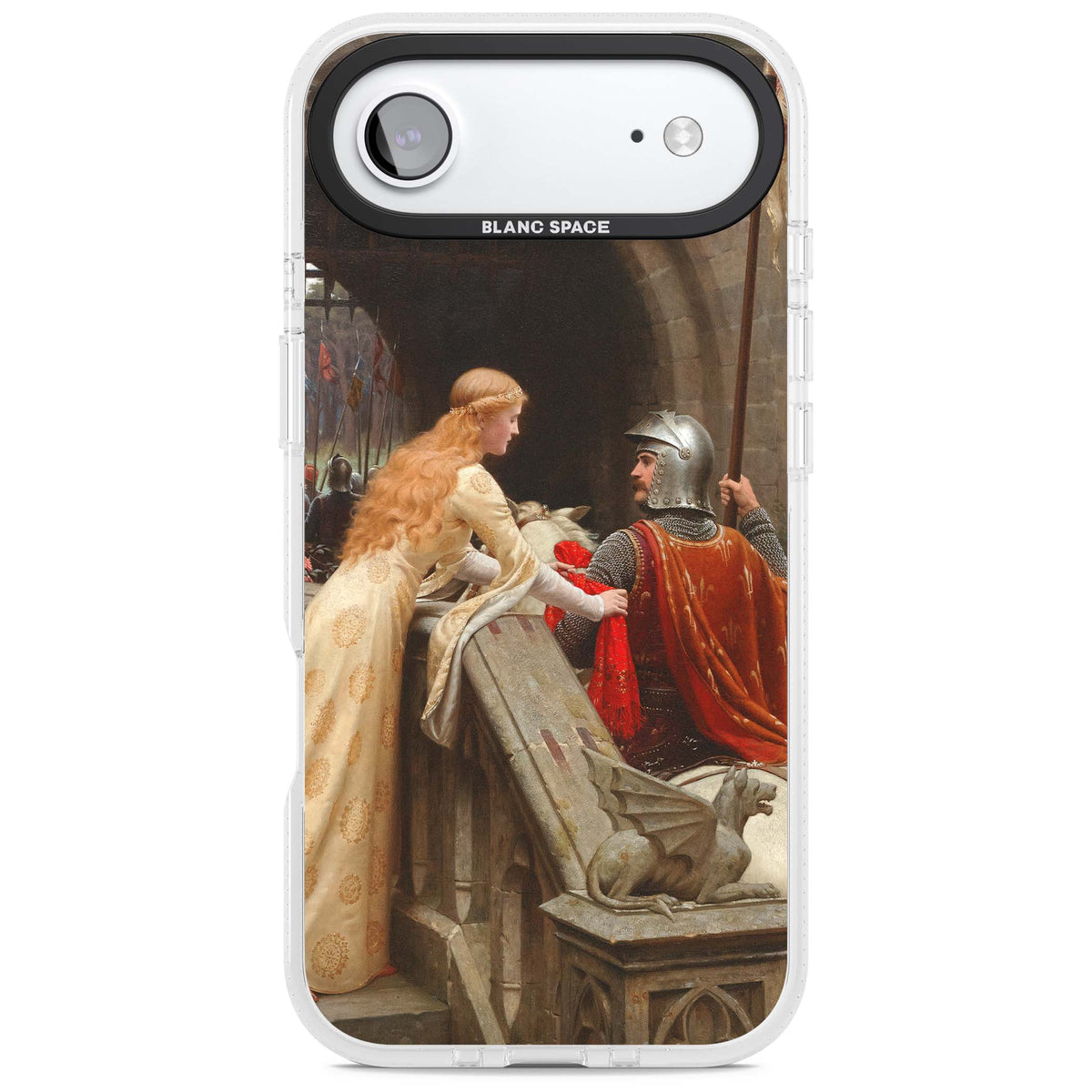 God Speed fine art iPhone case featuring Edmund Blair Leighton's medieval knight and lady beneath a stone archway | Clear Case Impact Air case for iPhone Air