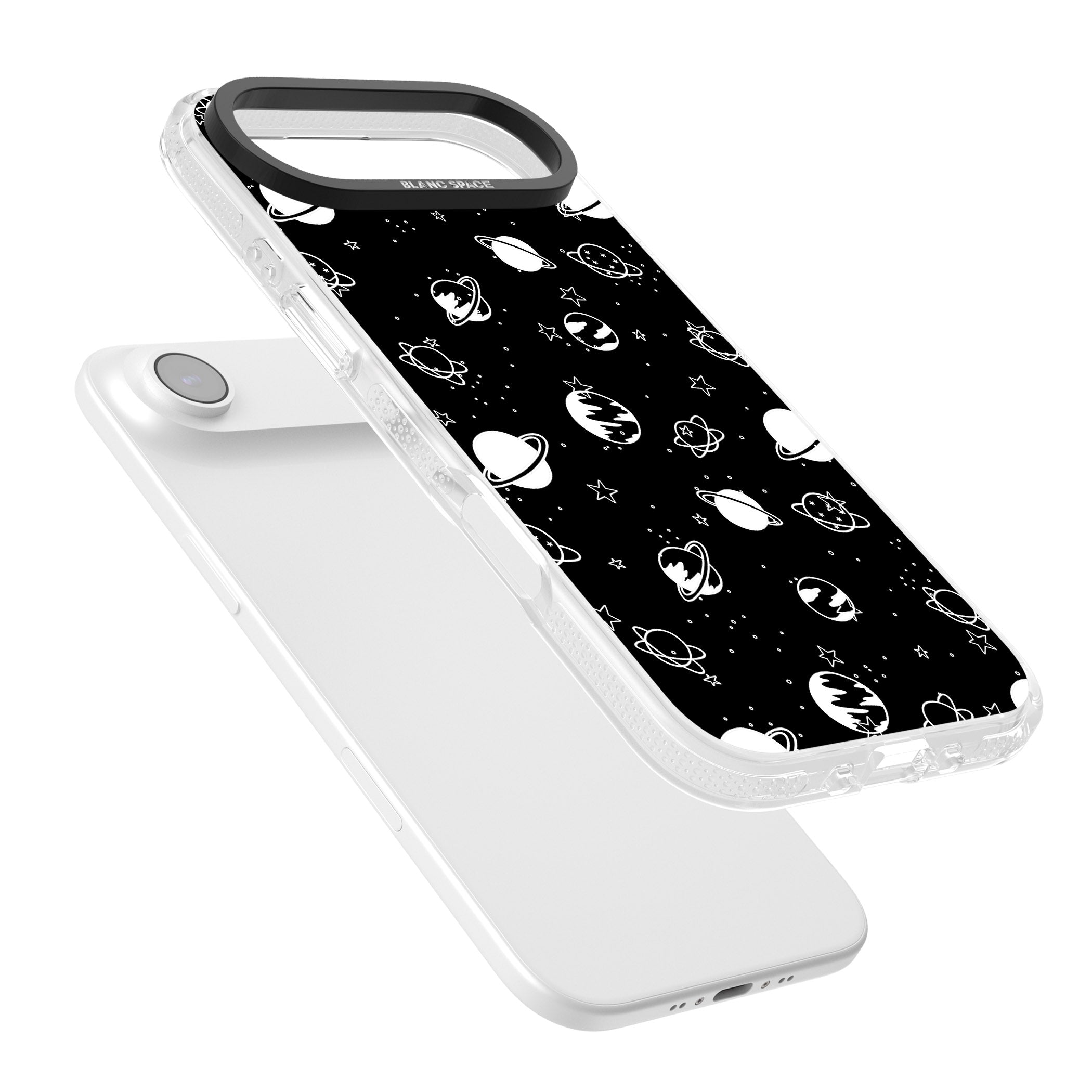 White Planets On Black iPhone 17 Air Impact Air Clear Phone Case Colours