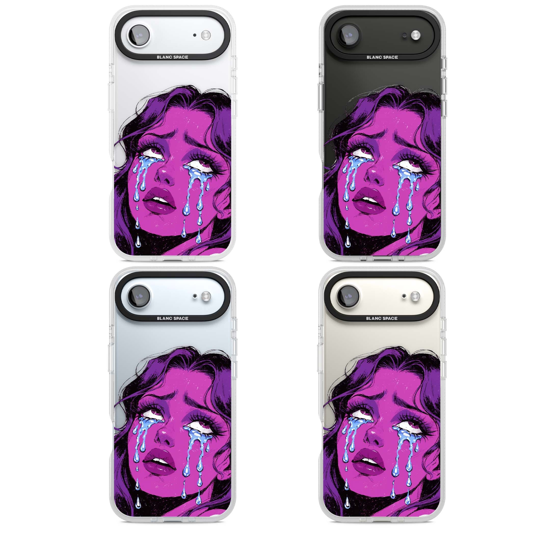 Drama Queen pop art iPhone case featuring a purple crying comic girl with blue tears | Clear Case Impact Air case for iPhone Air