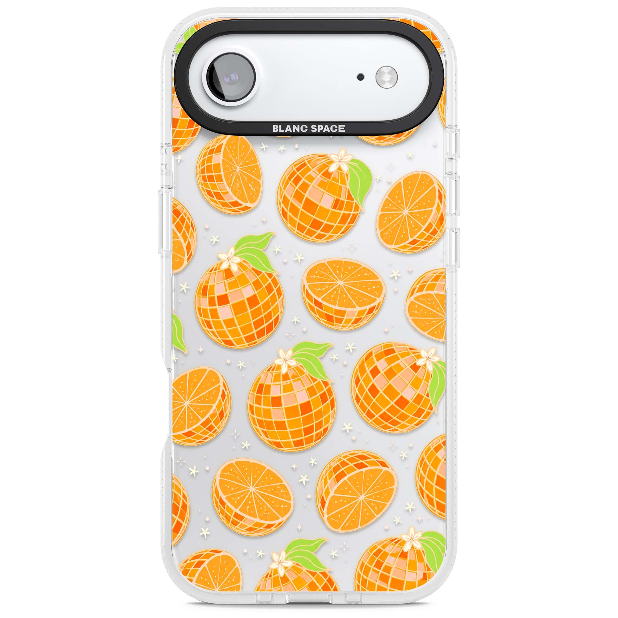 Disco Oranges retro iPhone case featuring mirrorball oranges, citrus slices and tiny blossoms on clear | Clear Case Impact Air case for iPhone Air
