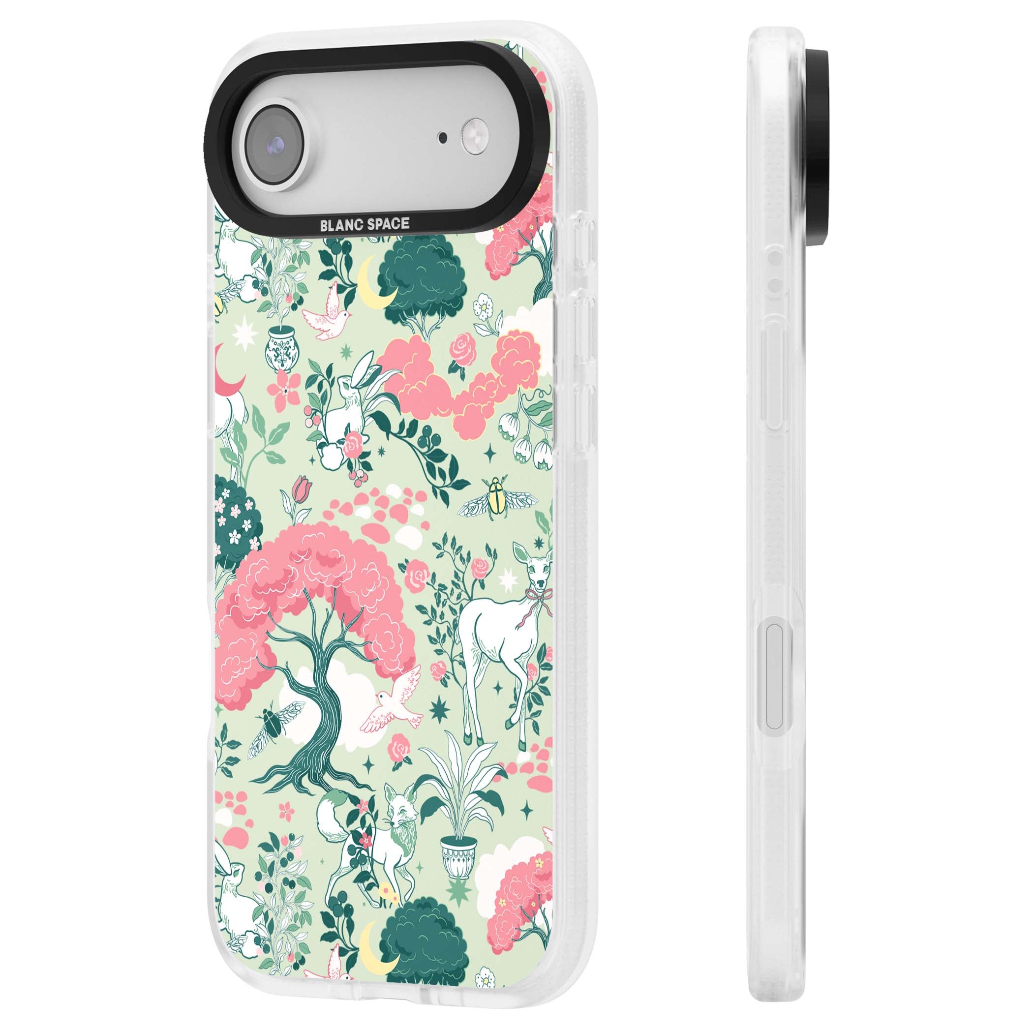 Enchanted Woodland cottagecore iPhone case featuring white deer, pink roses, mushrooms and woodland animals on sage green | Clear Case Impact Air case for iPhone Air