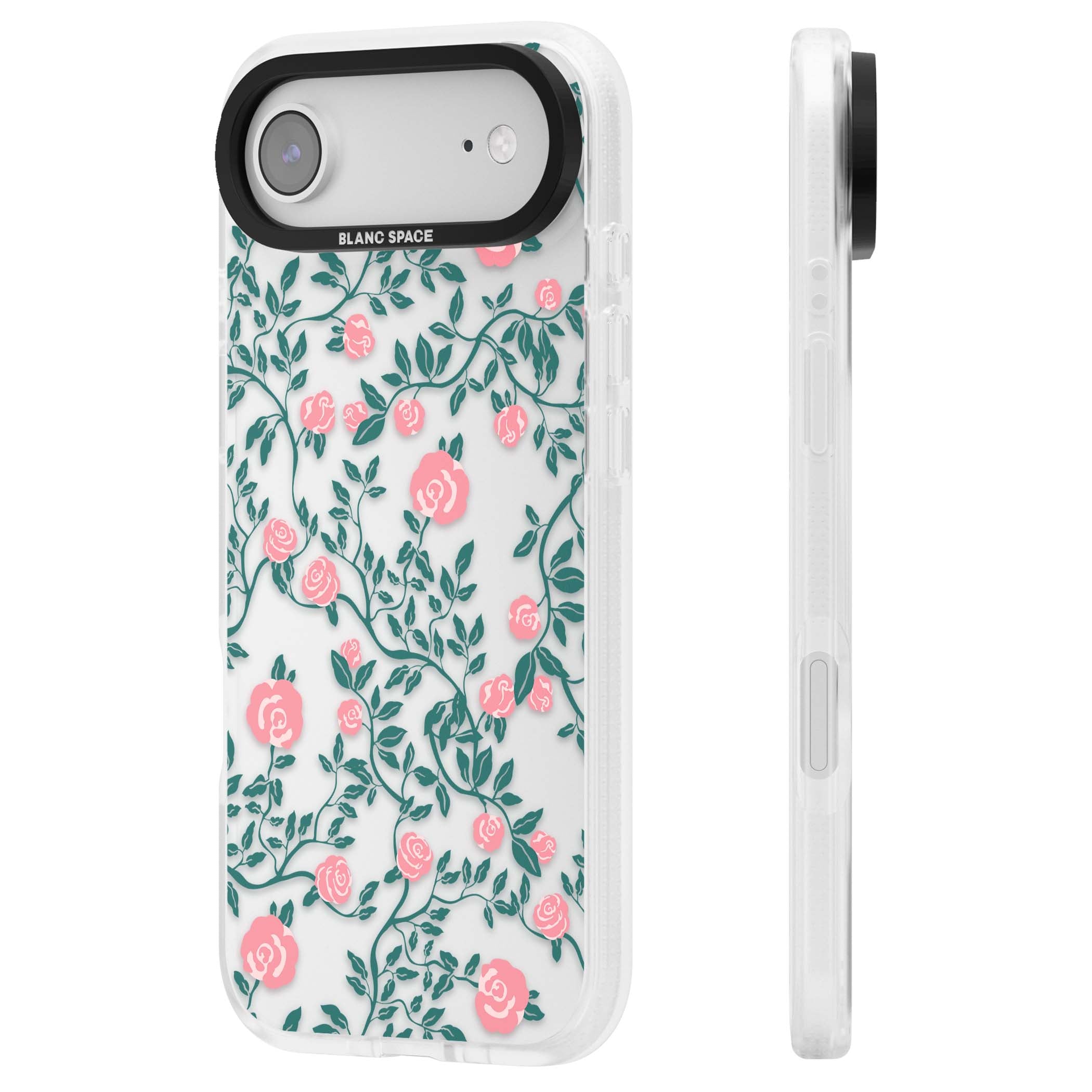 Rose Trellis (Clear) cottagecore iPhone case featuring pink climbing roses and green leaves on clear background | Clear Case Impact Air case for iPhone Air