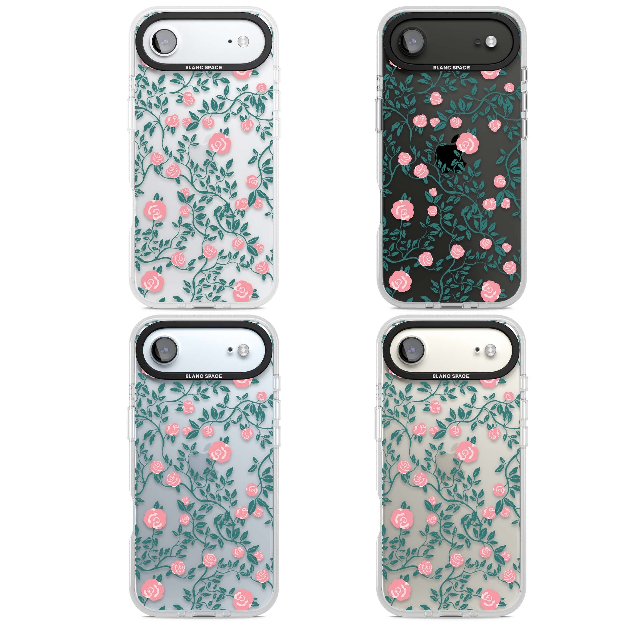 Rose Trellis (Clear) cottagecore iPhone case featuring pink climbing roses and green leaves on clear background | Clear Case Impact Air case for iPhone Air