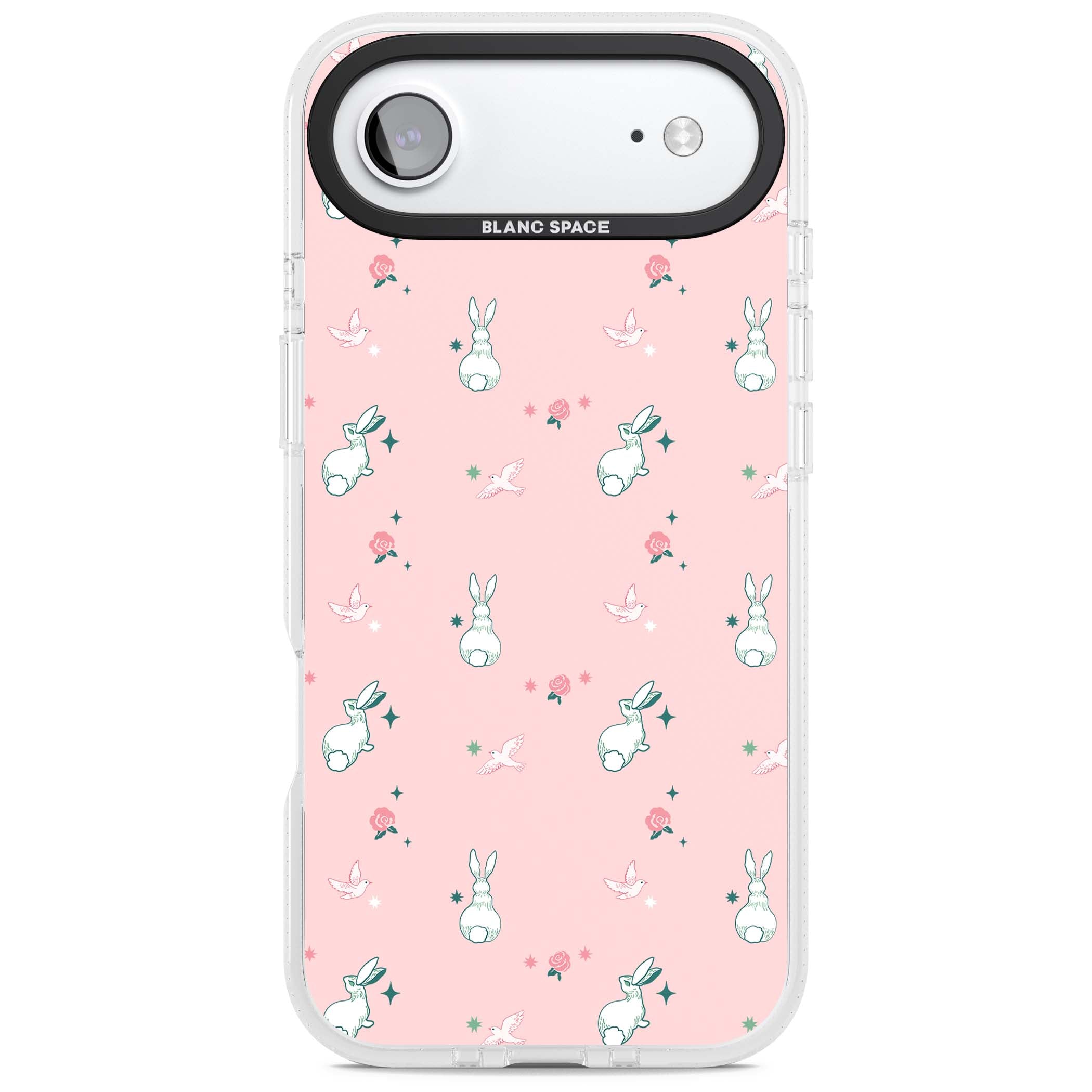 Bunny Garden kawaii iPhone case featuring white rabbits, pink roses, doves and stars on pink background | Clear Case Impact Air case for iPhone Air