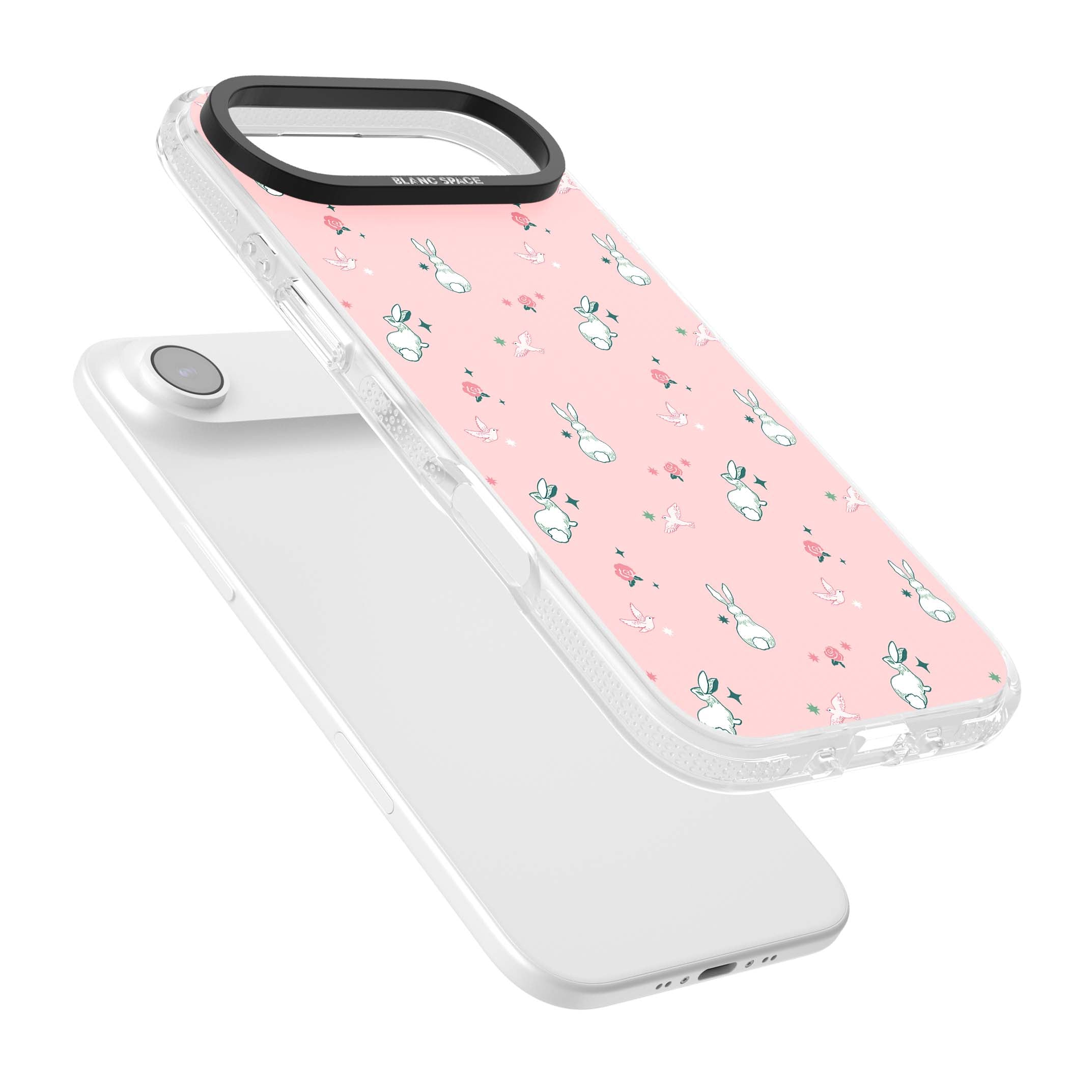 Bunny Garden kawaii iPhone case featuring white rabbits, pink roses, doves and stars on pink background | Clear Case Impact Air case for iPhone Air