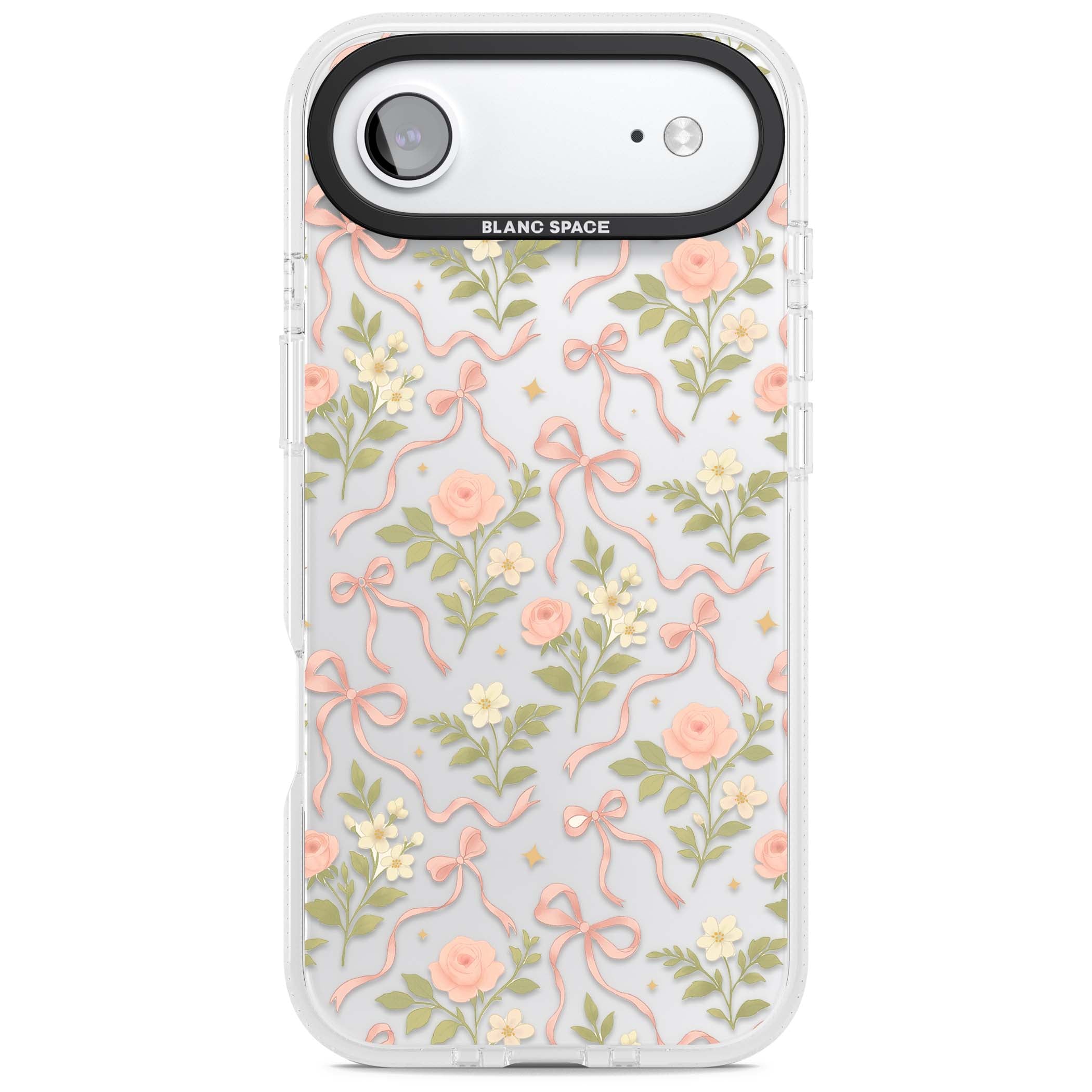 Ribbon Garden coquette iPhone case featuring pink bows, peach roses and wildflowers on white background | Clear Case Impact Air case for iPhone Air