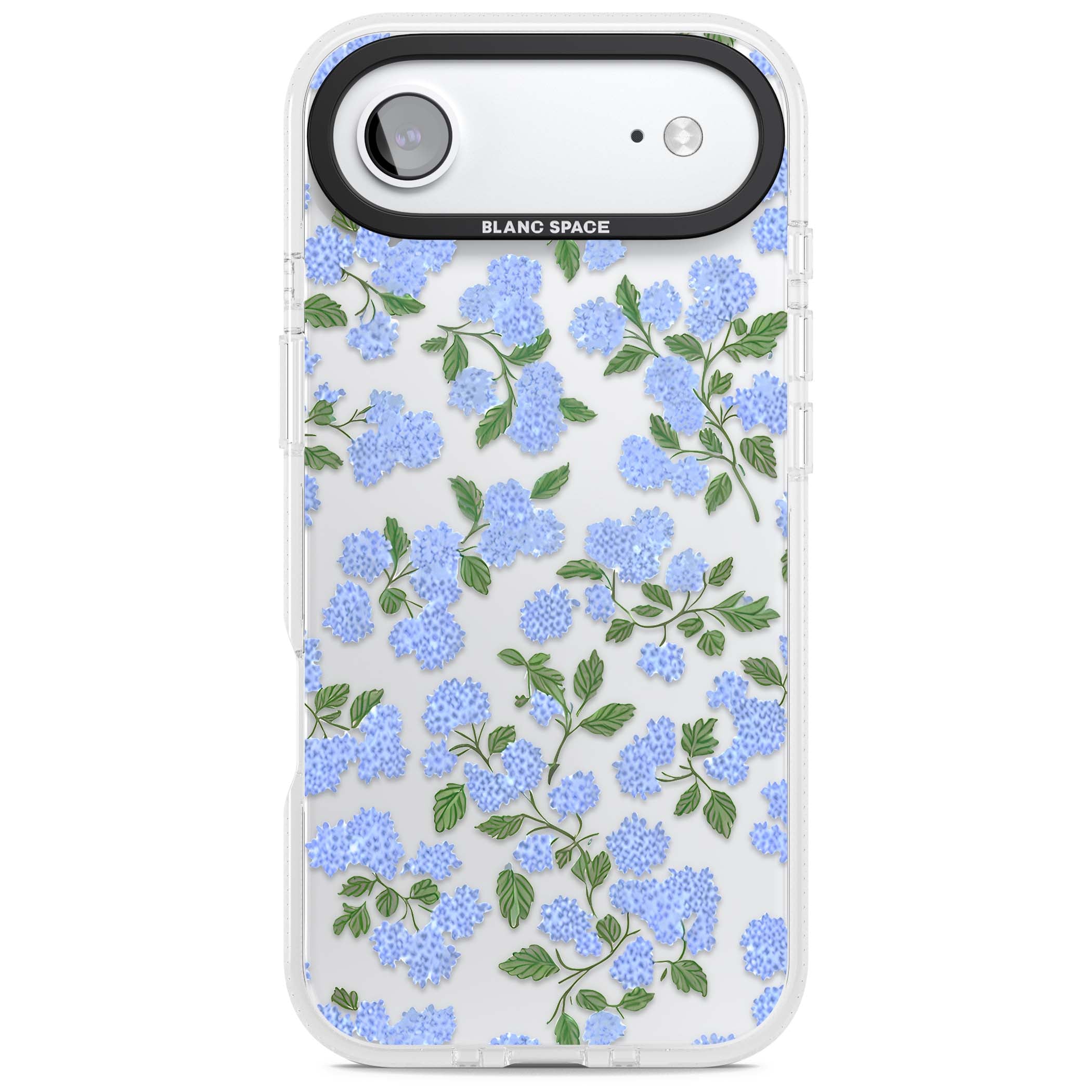 Hydrangea Dreams cottagecore iPhone case featuring soft blue hydrangea flower clusters and green leaves | Clear Case Impact Air case for iPhone Air