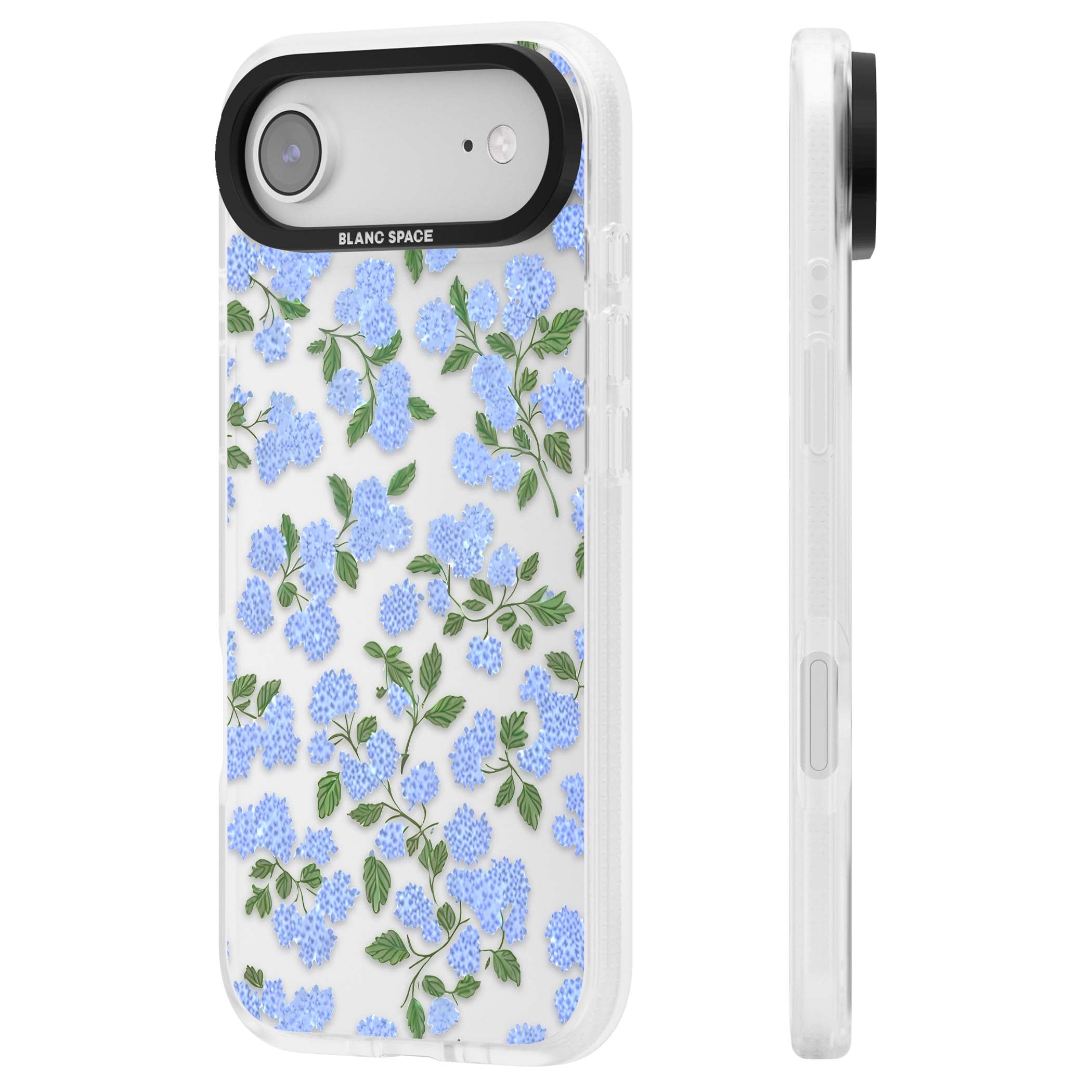 Hydrangea Dreams cottagecore iPhone case featuring soft blue hydrangea flower clusters and green leaves | Clear Case Impact Air case for iPhone Air