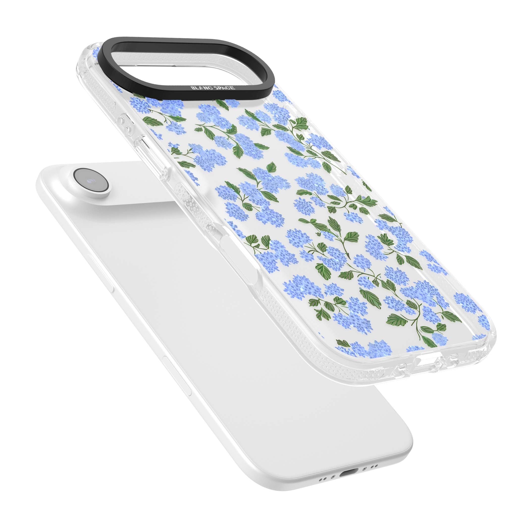 Hydrangea Dreams cottagecore iPhone case featuring soft blue hydrangea flower clusters and green leaves | Clear Case Impact Air case for iPhone Air