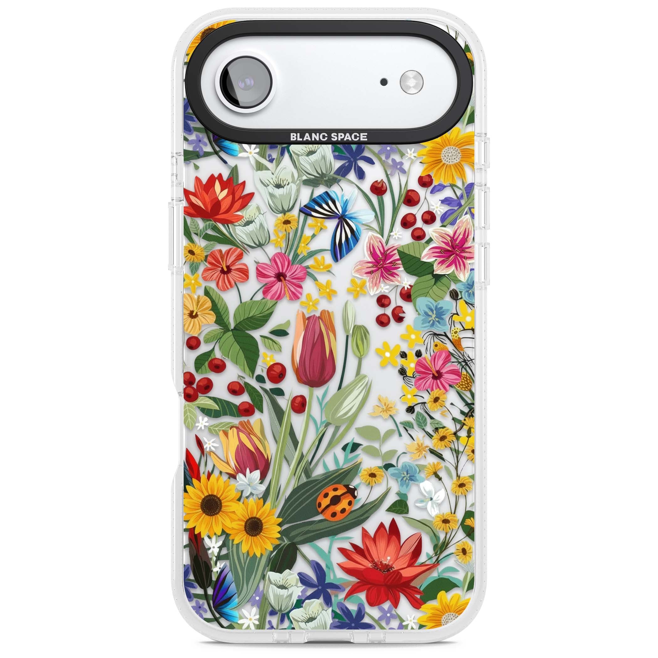 Botanical Bloom cottagecore iPhone case featuring colorful wildflowers, sunflowers, and ladybugs on clear background | Clear Case Impact Air case for iPhone Air