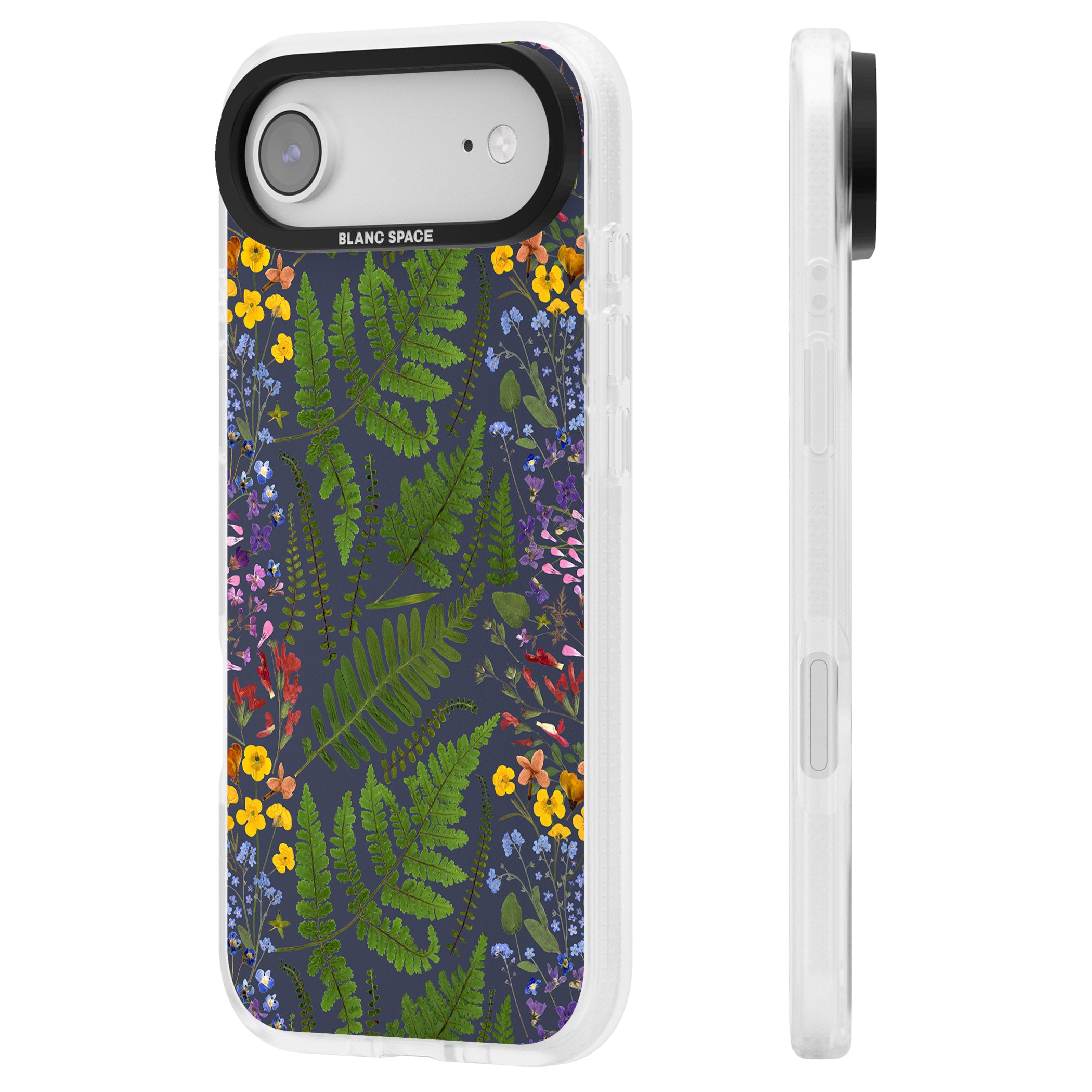 Busy Floral And Fern Design Navy iPhone 17 Air Impact Air Clear Phone Case Side Profile