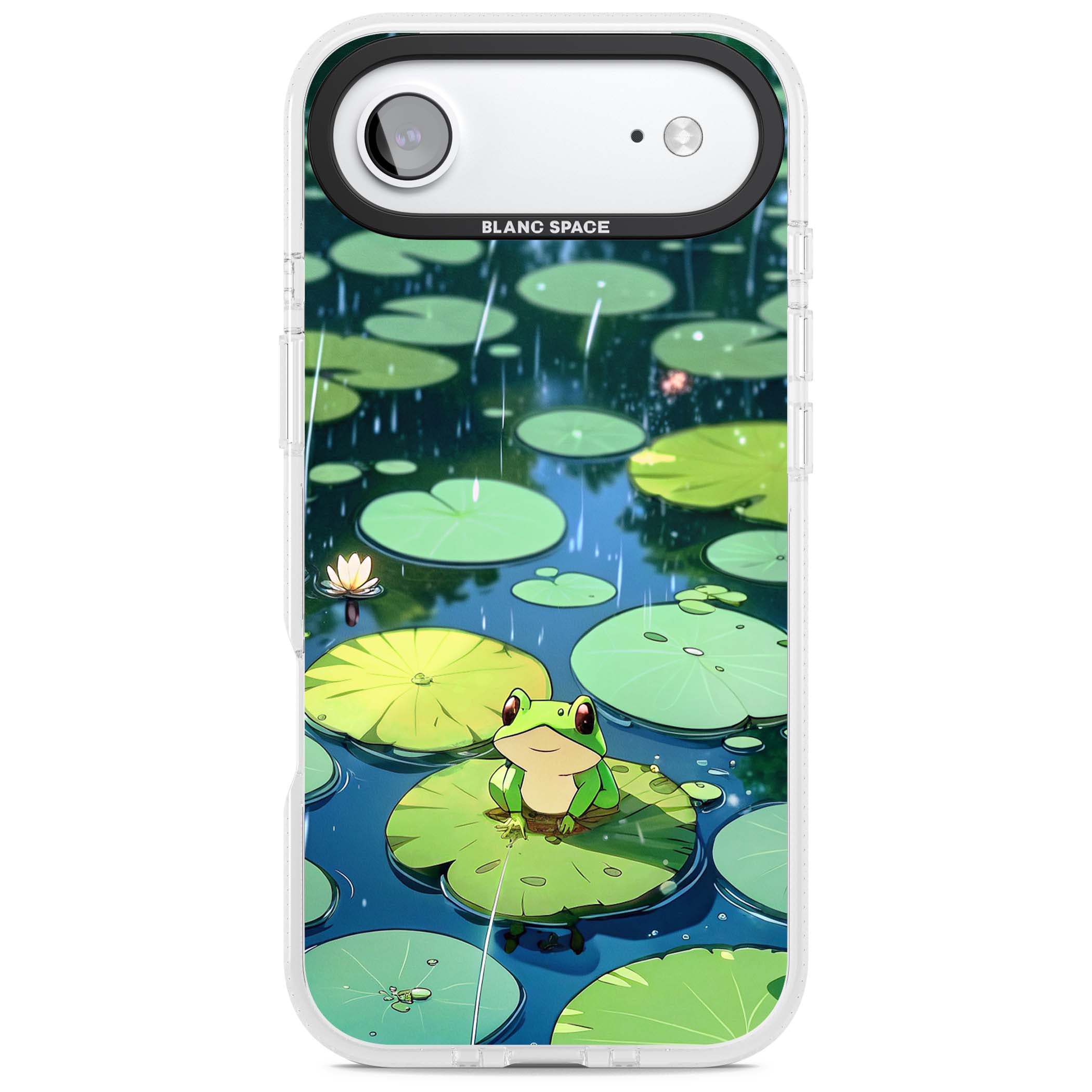 Frog In Lily Pond cottagecore iPhone case featuring a cute green frog on a lily pad with falling rain and a lotus flower | Clear Case Impact Air case for iPhone Air
